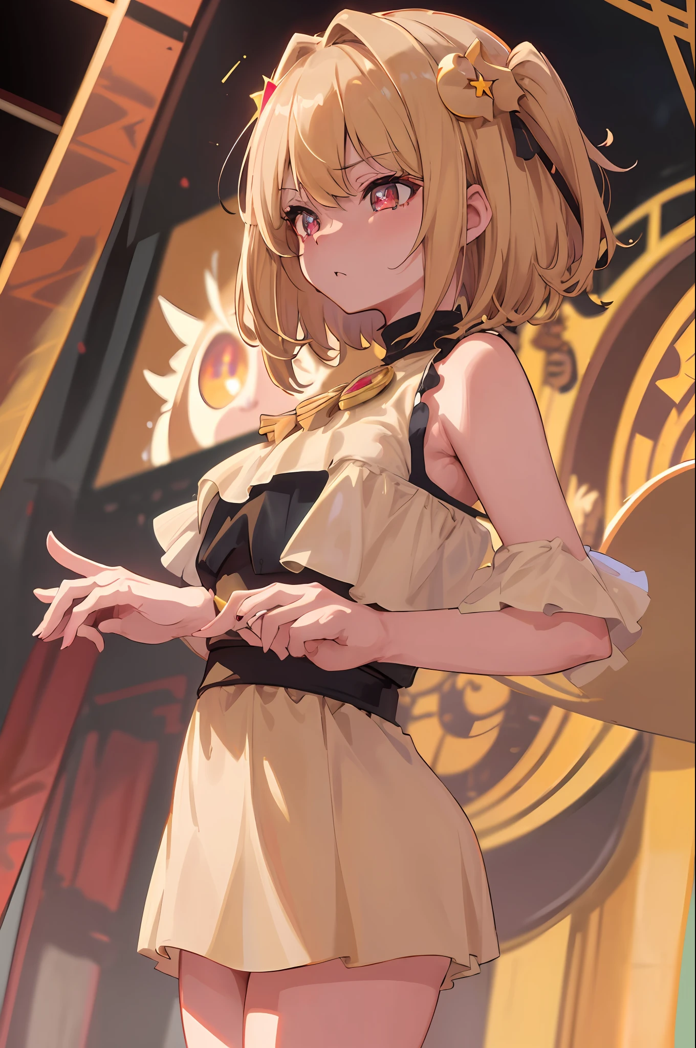 best quality, 4k, ((masterpiece)), extremely detailed, 8k, Hoshino, High Detail, Sharp focus, 1girl, solo, short hair, short-beige colored hair, crimson eyes, ((detailed eyes)), having a well-endowed figure, star-shaped pupils, hair ornament, idol, on stage, determined look, 1girl