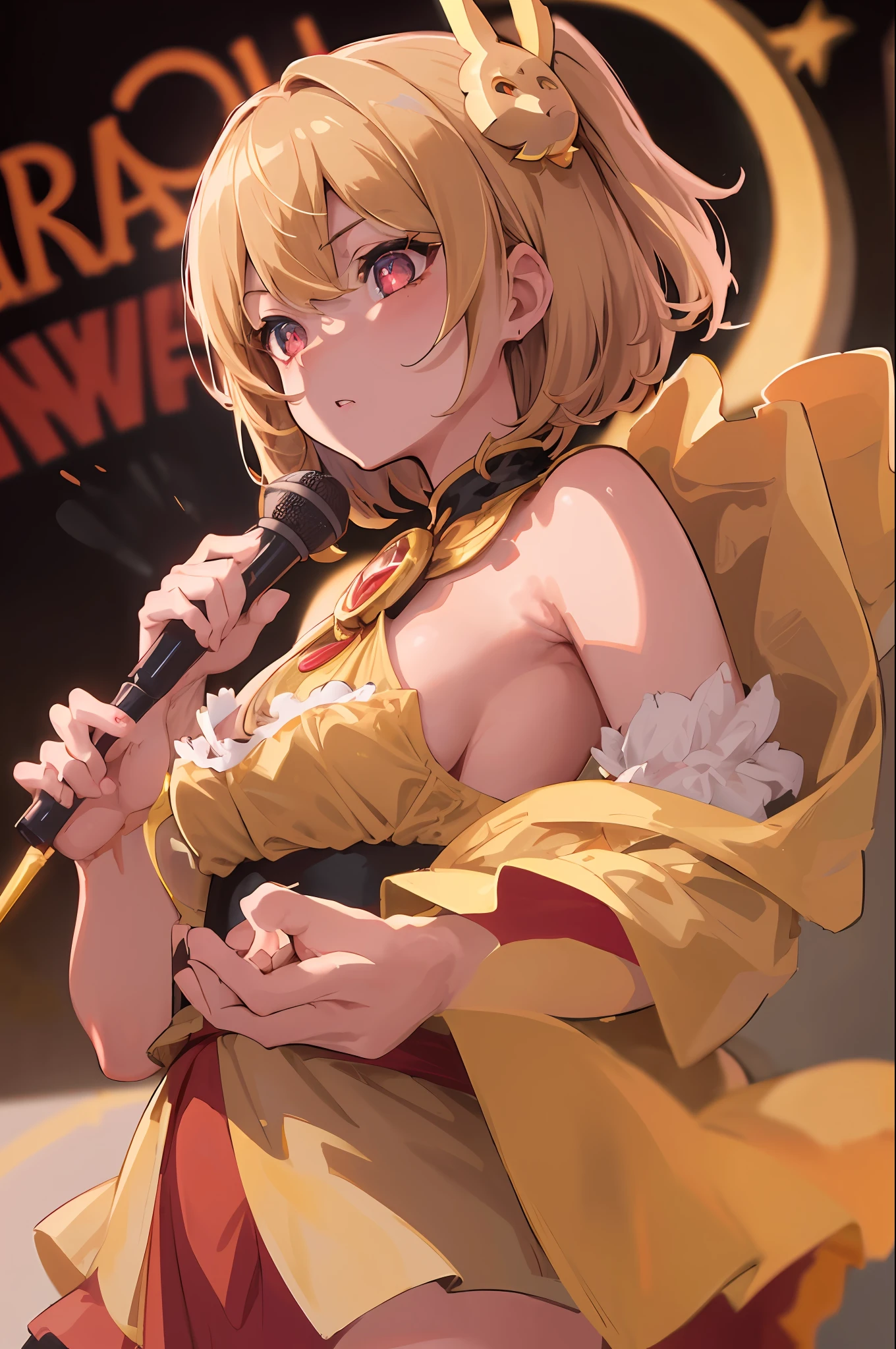 best quality, 4k, ((masterpiece)), extremely detailed, 8k, Hoshino, High Detail, Sharp focus, 1girl, solo, short hair, short-beige colored hair, crimson eyes, ((detailed eyes)), having a well-endowed figure, star-shaped pupils, hair ornament, idol, on stage, determined look, 1girl