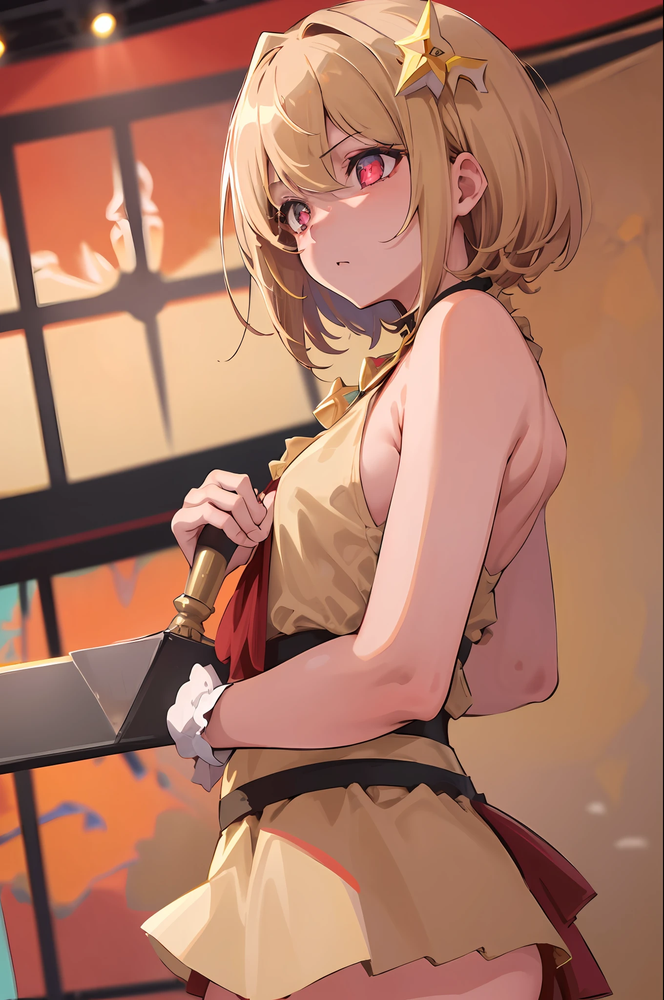 best quality, 4k, ((masterpiece)), extremely detailed, 8k, Hoshino, High Detail, Sharp focus, 1girl, solo, short hair, short-beige colored hair, crimson eyes, ((detailed eyes)), having a well-endowed figure, star-shaped pupils, hair ornament, idol, on stage, determined look, 1girl