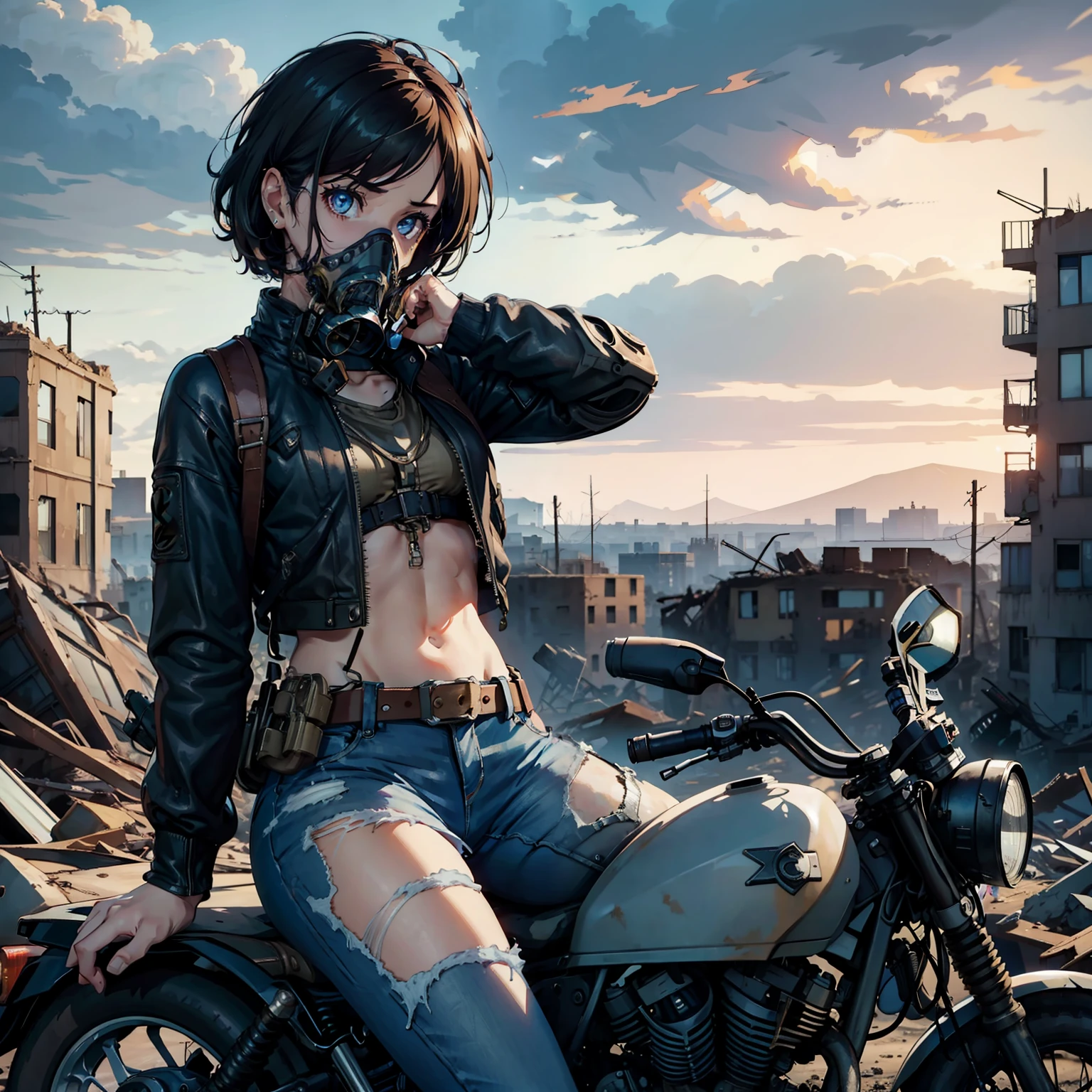 girl with, (Solo:1.2), [Ride a big American motorcycle］look down at the viewer from above、[slim], (Small chest), pale skin, ((Detailed eyes)), (bokeh effects), (Dynamic Angle), Dynamic Pose, (Dilapidated and uninhabited cities:1.3), the fire、Short curly hair, Leather jacket, Ripped jeans, High boots, (backpack), knife holder, (a gas mask:1.2), (ruined buildings), (dark and cloudy sky), Dirty hair, (Wasteland:1.3), Dirty hair