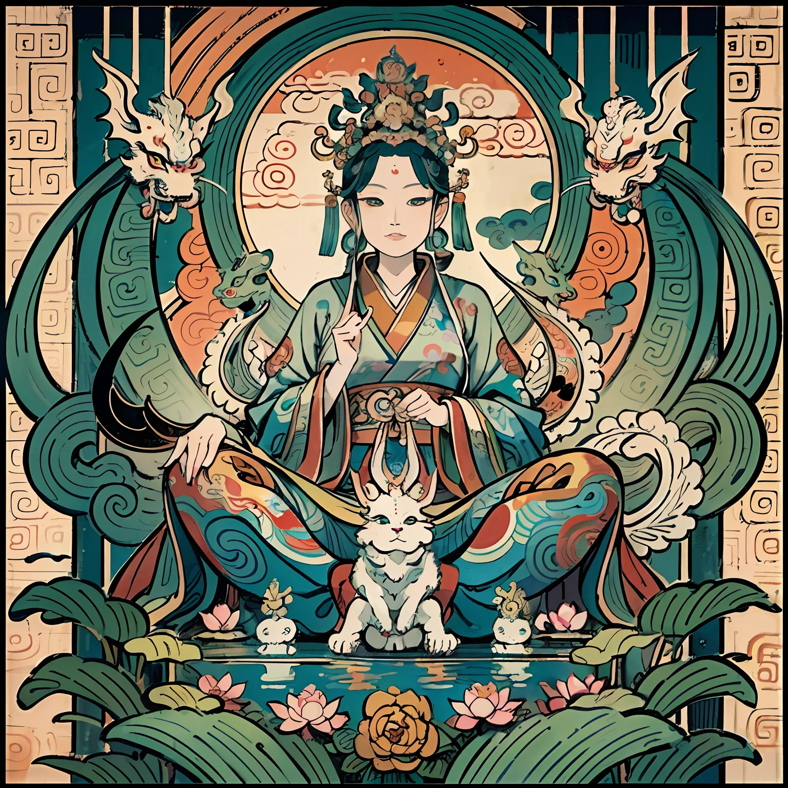 an ancient Chinese goddess, guanyin of the southern seas, Guanyin, Inspired by India, Avalokiteshvara rides a dragon,Serene expression,shui mo hua,Buddha,Buddhist,Lotus,Chinese painting style,Thangka style