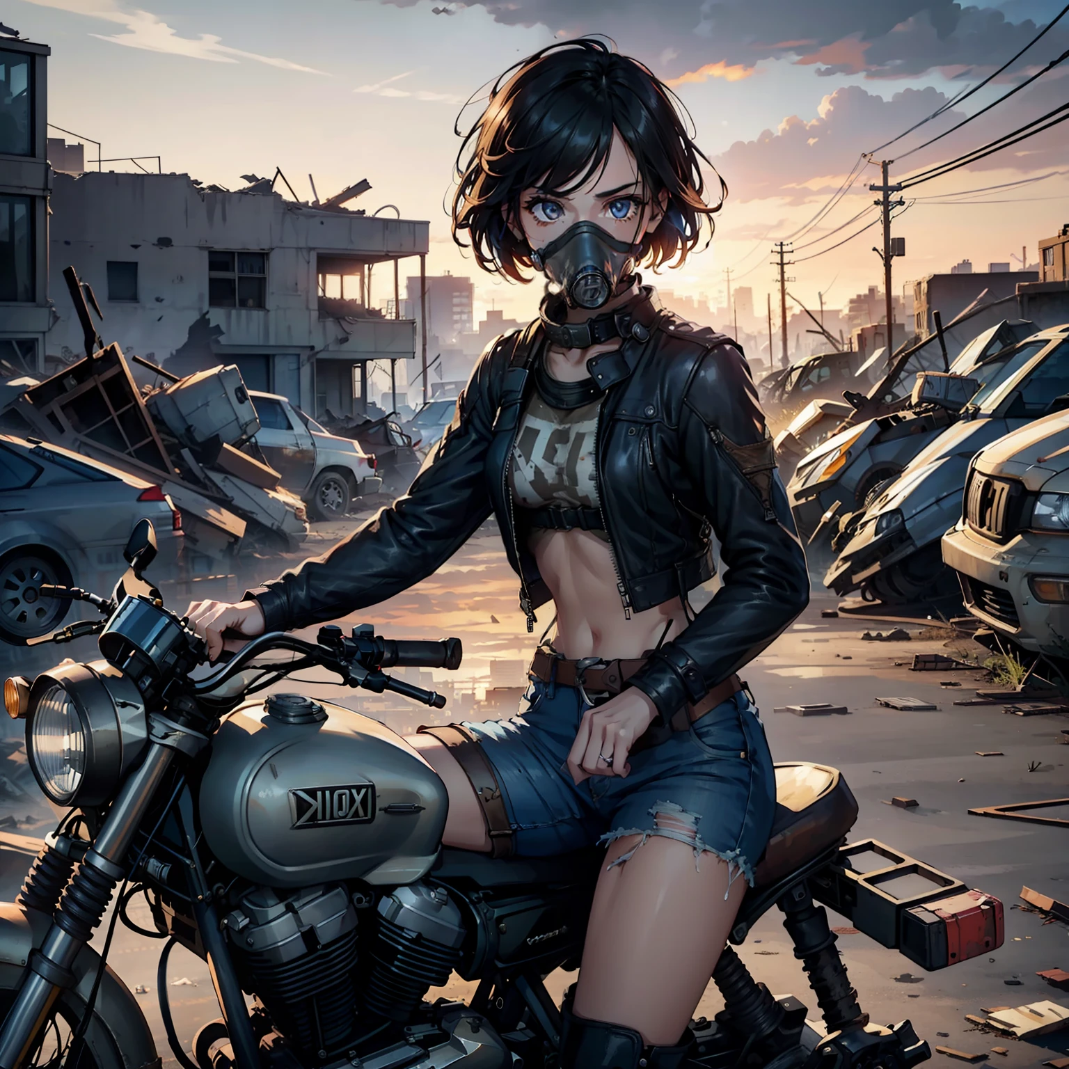 girl with, (Solo:1.2), [Ride a big American motorcycle］look down at the viewer from above、[slim], (Small chest), pale skin, ((Detailed eyes)), (bokeh effects), (Dynamic Angle), Dynamic Pose, (Dilapidated and uninhabited cities:1.3), the fire、Short curly hair, Leather jacket, Ripped jeans, High boots, (backpack), knife holder, (a gas mask:1.2), (ruined buildings), (dark and cloudy sky), Dirty hair, (Wasteland:1.3), Dirty hair