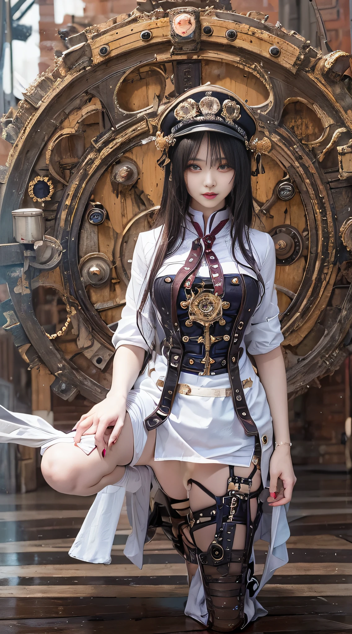 Sexy 21 year old cool Korean posing at garter, chinese clothes, Chinese dress, The beauty of steampunk anime, a steampunk beautiful goddess, Jeizuo, magnifica, viewer, Realistis, Full body camera view, Kneeling, Squatting, Bold, tall, Forced real water, See-through mini shirt with less white fabric, White see-through string, Less steampunk, Very detailed, Beautiful eyes of cosplay details, long eyelashes, Nice double eyelids, eye shadow, Narrow eyes, Three white eyes, Dark Eye Makeup, Evil smile, Thin, Beautiful legs, Tie short hair back, bad face, Rolling eyes, Blushing, water running in mouth, Sticky tongue, Vaginal orchid, Vaginal discharge, Squirting, (((Very small breasts))), Grasp your breasts with both hands, Spread legs, sexual excitement, Sex Expressions, Bare skin