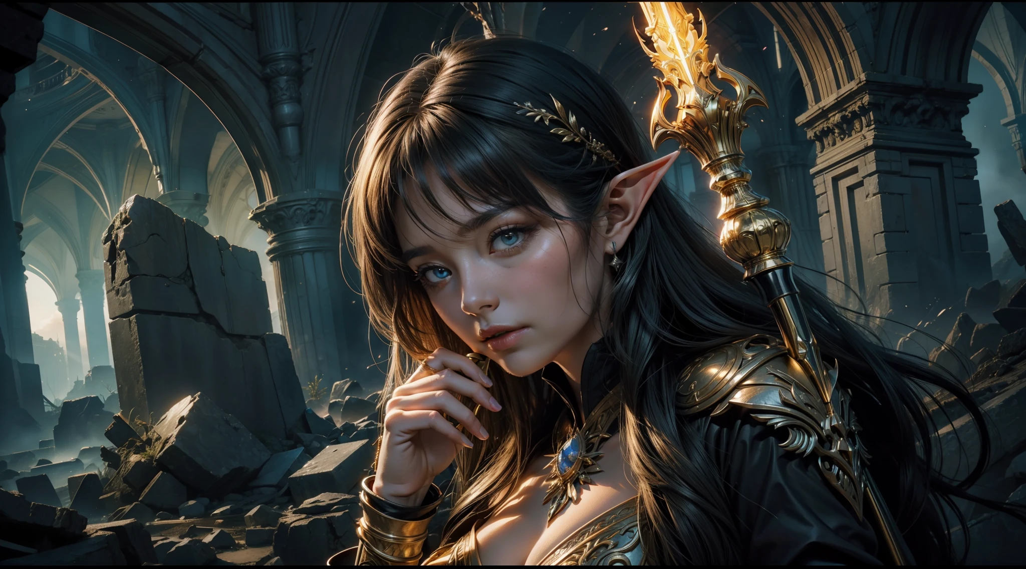 tmasterpiece,top-quality,best qualityer,offcial art,Beauty and aesthetics:1.2),(tmasterpiece:1.3), (8K, realisticlying, RAW photos, best qualtiy: 1.4), beauitful face, (photorealiscic face),超高分辨率, Ultra photo realsisim, highly detailed, the golden ratio, (Award-winning digital artwork:1.3) af (sketching:1.3),(with dynamism:1.3),(Saturation:1.3),(Close portrait:1.3),illusory engine, (High detail: 1.9),(femele:1.4),(big breasts beautiful: 1.4),(carismatic:1.3),Huge ruins,speleothems,the night,Female elf,half-body shots,Large breasts,(Close portrait:1.3),illusory engine, (High detail: 1.9),volumettic light,(((Glowing scepter)))