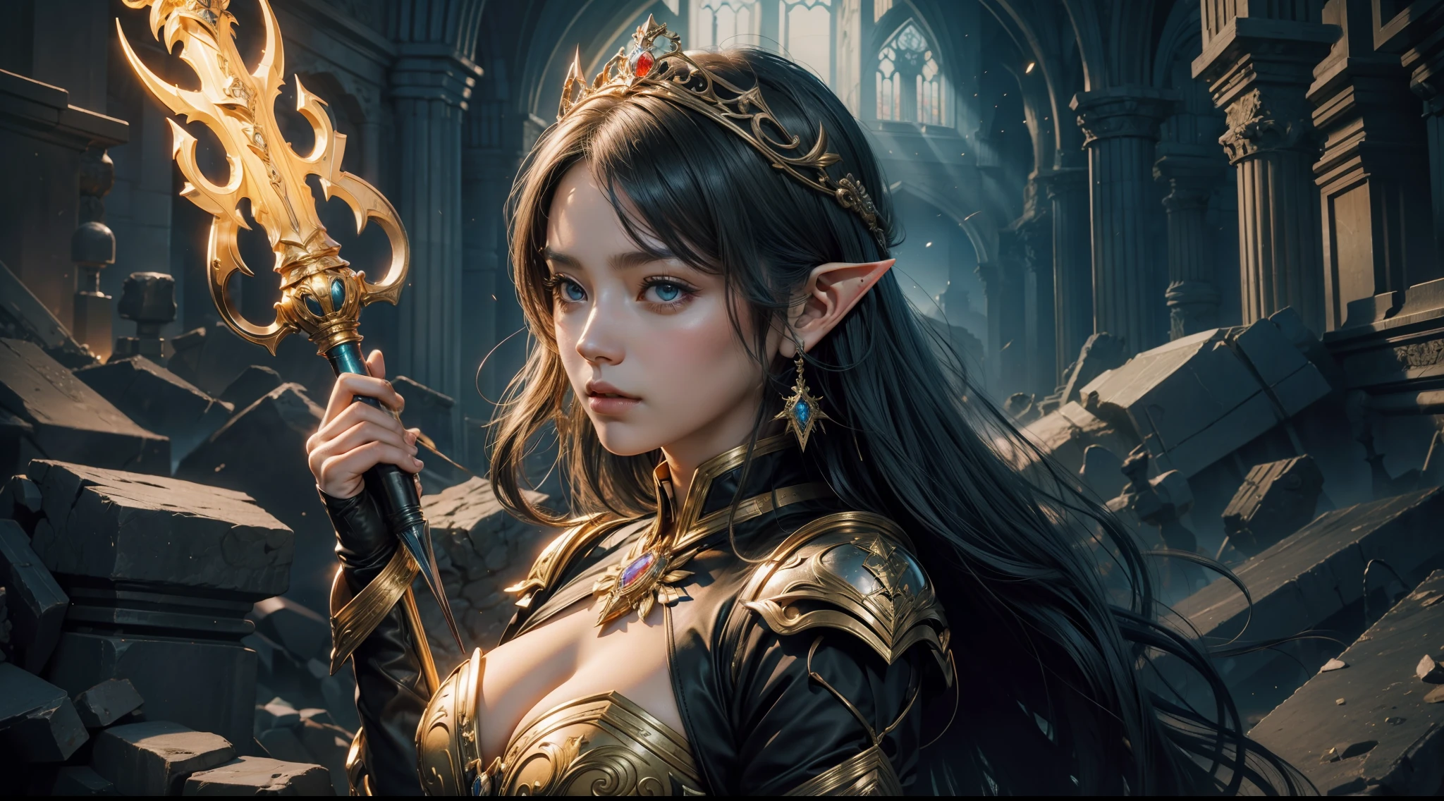 tmasterpiece,top-quality,best qualityer,offcial art,Beauty and aesthetics:1.2),(tmasterpiece:1.3), (8K, realisticlying, RAW photos, best qualtiy: 1.4), beauitful face, (photorealiscic face),超高分辨率, Ultra photo realsisim, highly detailed, the golden ratio, (Award-winning digital artwork:1.3) af (sketching:1.3),(with dynamism:1.3),(Saturation:1.3),(Close portrait:1.3),illusory engine, (High detail: 1.9),(femele:1.4),(big breasts beautiful: 1.4),(carismatic:1.3),Huge ruins,speleothems,the night,Female elf,half-body shots,Large breasts,(Close portrait:1.3),illusory engine, (High detail: 1.9),volumettic light,(((Glowing scepter)))