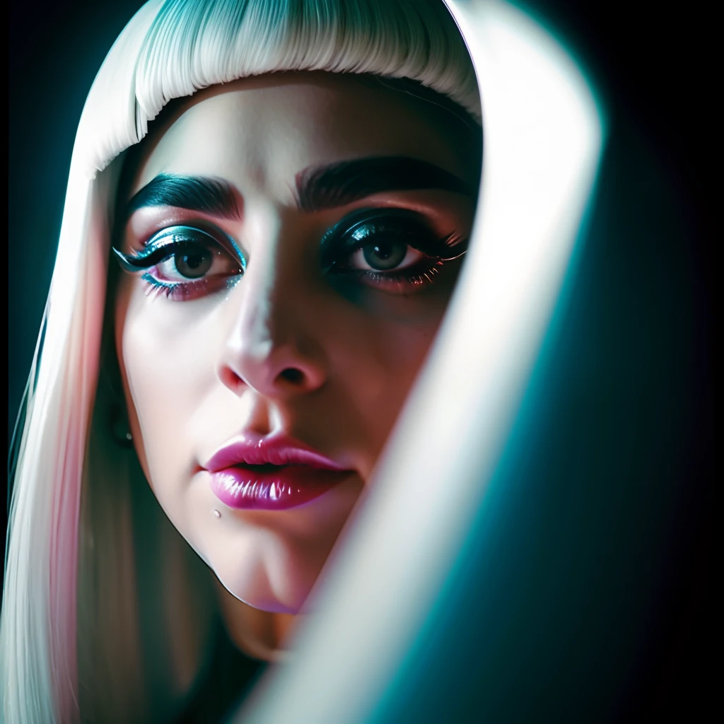 a Cine still photo of ((lady gaga)) , dense hair, detailed pupils and round iris, absolutely gorgeous, filmed by Alessio Albi, Fujifilm X-T30, 45-70mm, F40, dramatic composition, three-point lighting, balanced color schemes, magic realism, ultra-detailed, soft shadows, clean sharp focus, no contrast, film photography