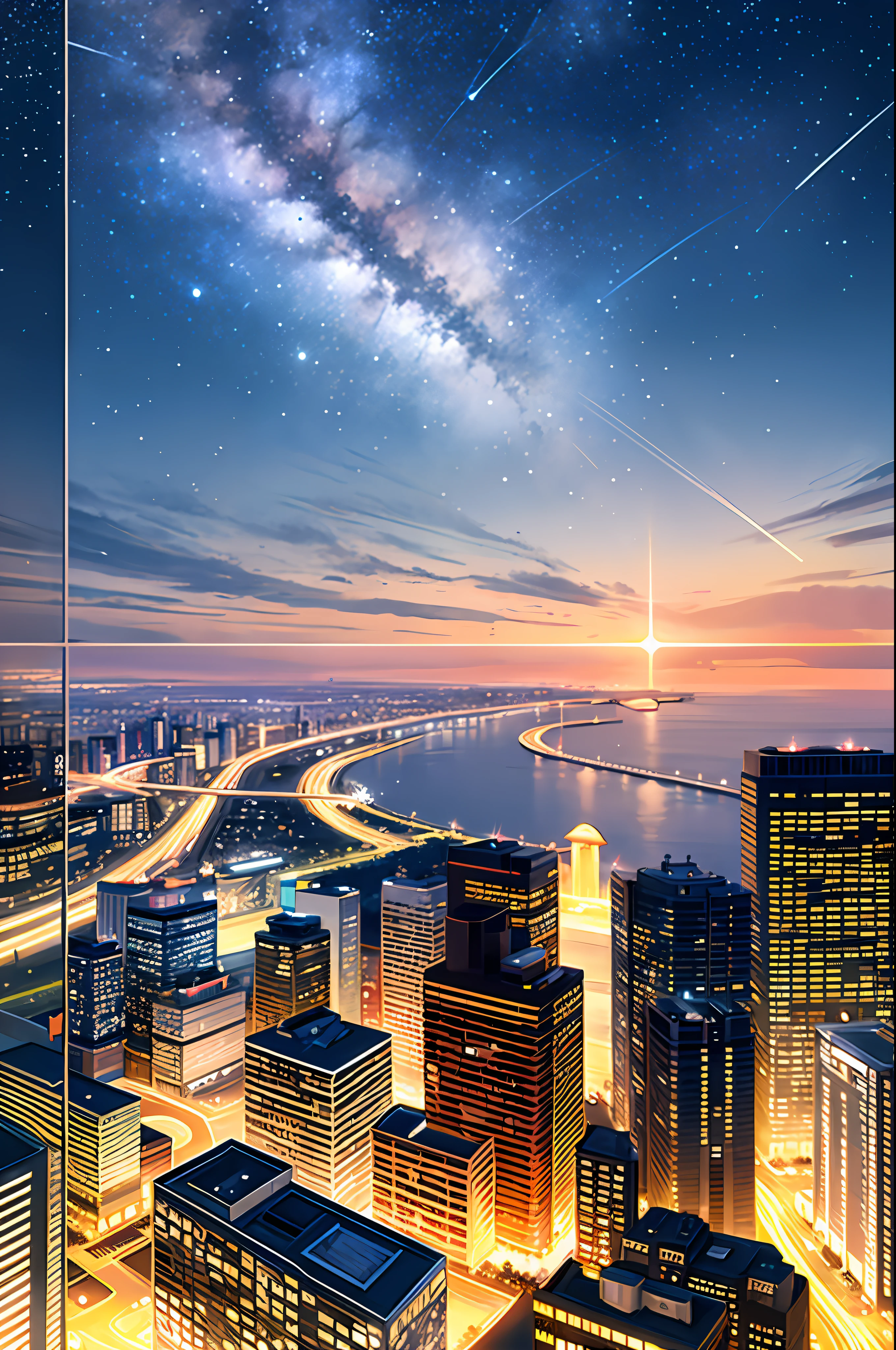 look at shooting star, city, landscape, riverside, night, dim light, suburb city, sky, stars, cloud, (8K, masterpiece), (best quality), (high resolution), (extremely full detailed),