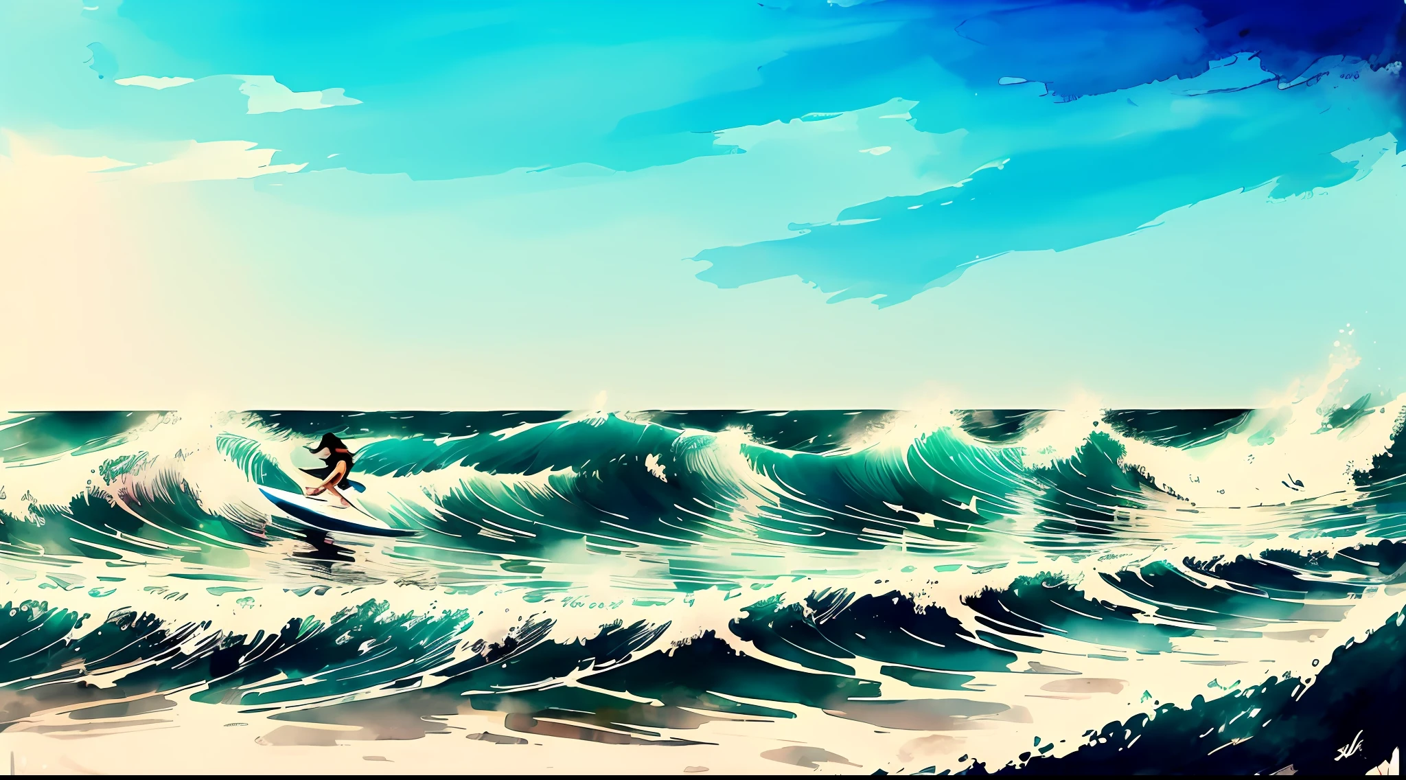 ink_style, ocean waves at the beach, girl surfing