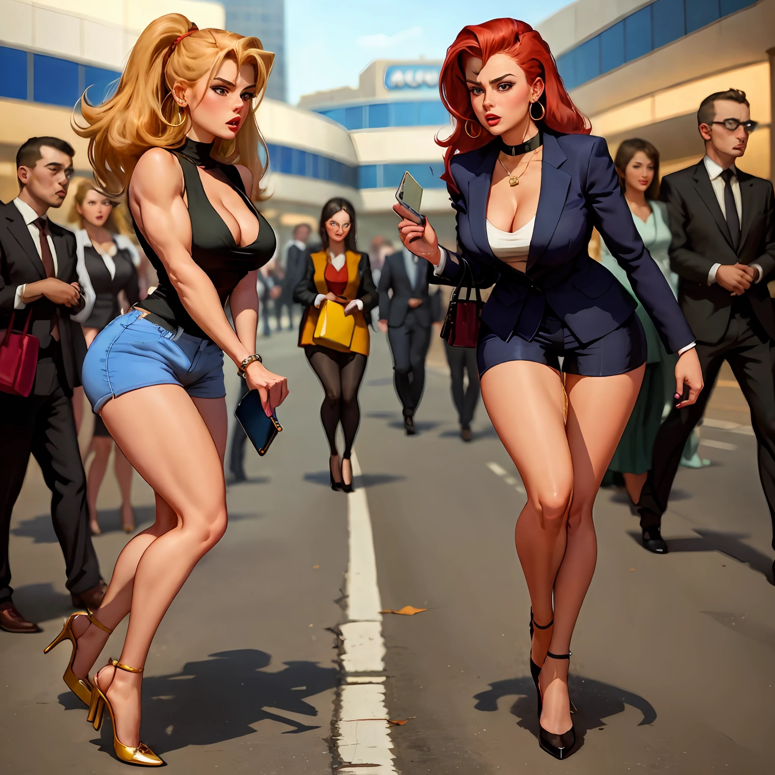tanned redhead, businesswoman, Two girlfriends, muscular legs, muscular calves, Strong legs, muscular hips, wide thighs, Curvy hips, high-heeled sandals, tights in a net, Stiletto heels, Women's business suit with short shorts, large ring earrings, tolerates the urge to urinate, Desperately urinate, Running through the mall, An expression of shame on his face, confusion, Desperation on the face, anatomically correct, Realistic,