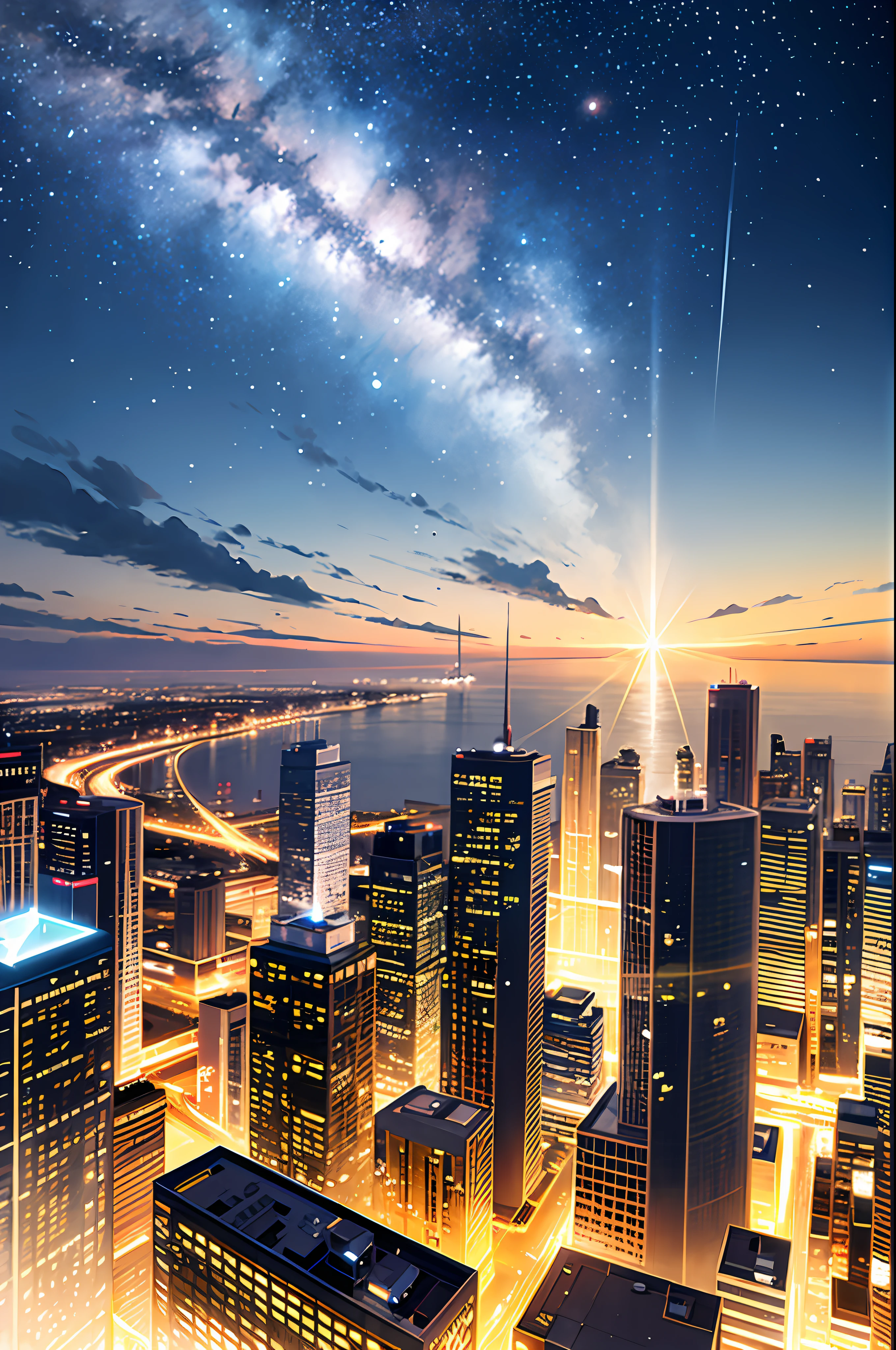 look at shooting star, city, landscape, riverside, night, dim light, suburb city, sky, stars, cloud, (8K, masterpiece), (best quality), (high resolution), (extremely full detailed),