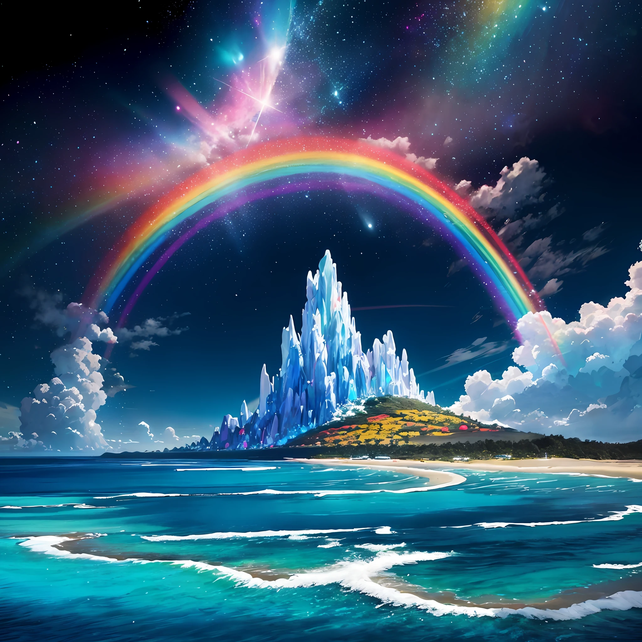 Realistic island, beautiful ocean, regular beach, Blue cloudy sky, ordinary beach, Simple island in the middle of the sea, sky view, island with milions of small prismatic cristals emmiting colorful lights coming out of the ground, crystal island with villages, absolutely beautiful landscape, island, full island view, best quality, infinite rainbows, extremely colorful focused lights, magical crystals, mana crystals emiting rainbows, prisms everywhere displaying colorful light, extremely full of huge crystals, completely made of crystals, crystals everywhere, billions of tiny crystals, crystal vegetation, only crystals, rainbows, rainbow clouds, rainbows everywhere, prismatic island, extremely colorful