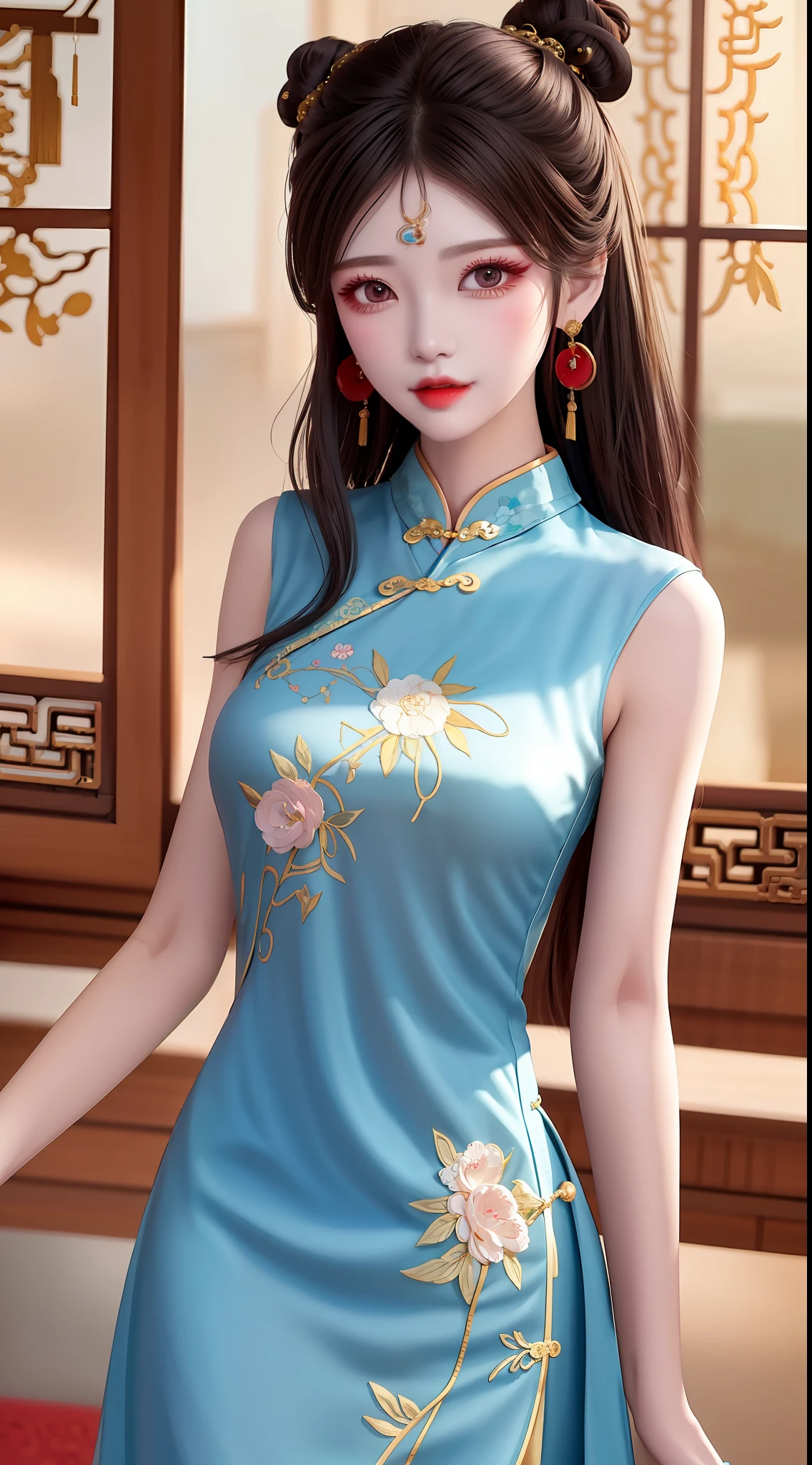 Best quality at best, tmasterpiece, beautiful face, 1girll, Long_Hair, 独奏, The upper part of the body_Body, Porcelain dress,shift dresses,hair adornments, choker necklace, jewely, long whitr hair, 耳Nipple Ring, Chinese clothing with high details,8K分辨率,超高分辨率,A young girl, A cute girl,short detailed hair,hair-bun,lipsticks,Tassel earrings,choker necklace,Black clear eyes,Smooth hair,鎖骨,Exquisite and perfect facial features, the most beautiful big eyes,Long eyelashes,The eyes are sweet and there are lying silkworms,dynamic angle,Extreme picture quality,Highest precision,Precise and perfect human anatomy,(((Professional Dress,Slim Republic of China cheongsam,Crimson gold embroidery))),((sitted)),Warm scene,超高分辨率,Ultra-clear vintage black flowing hair,Delicate bun)By bangs,(Long flowing hair,With a bun:1.3)),Delicate collarbones,beautiful make up,Exquisite and perfect facial features,,Big watery eyes,Lying silkworm,Long eyelashes,The eyes are sweet and have eye shadow,Slim waist,Do not show your hands,,lipsticks,Blushlush,Delicate earring earrings