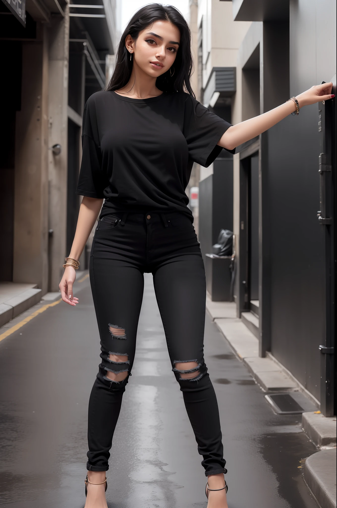 (solo middle eastern 23 years old girl), wearing a (Black baggy plain tee-shirt, long length tee-shirt, skinny damage long jeans, :1.5), walking cross legs, straight-on,seductive smile,long dark wavey hair,(full body:1.1), (cyberpunk background:1.2), outdoors,
(rain:1.1, wet street) ,(medium breasts,  bouncing breasts, no bra), basic black long length tee-shirt, short sleeves tee-shirt, wristwatch, very beautiful arabian girl, ankle fit damage tight jeans, jewelry, detailed very beautiful feet's, long heel's, full body shot.