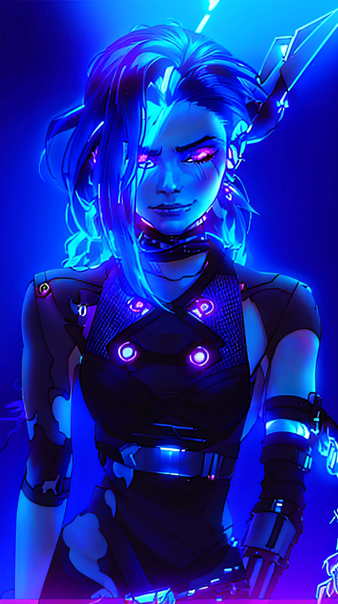 a close up of a person with a blue hair and a black top, cyberpunk art style, digital cyberpunk anime art, portrait of jinx from arcane, anime cyberpunk art, jinx from arcane, jinx from league of legends, digital cyberpunk - anime art, dreamy cyberpunk girl, cyberpunk vibe, cyberpunk artstyle, rossdraws cartoon vibrant, cyberpunk anime art, dark cyberpunk illustration