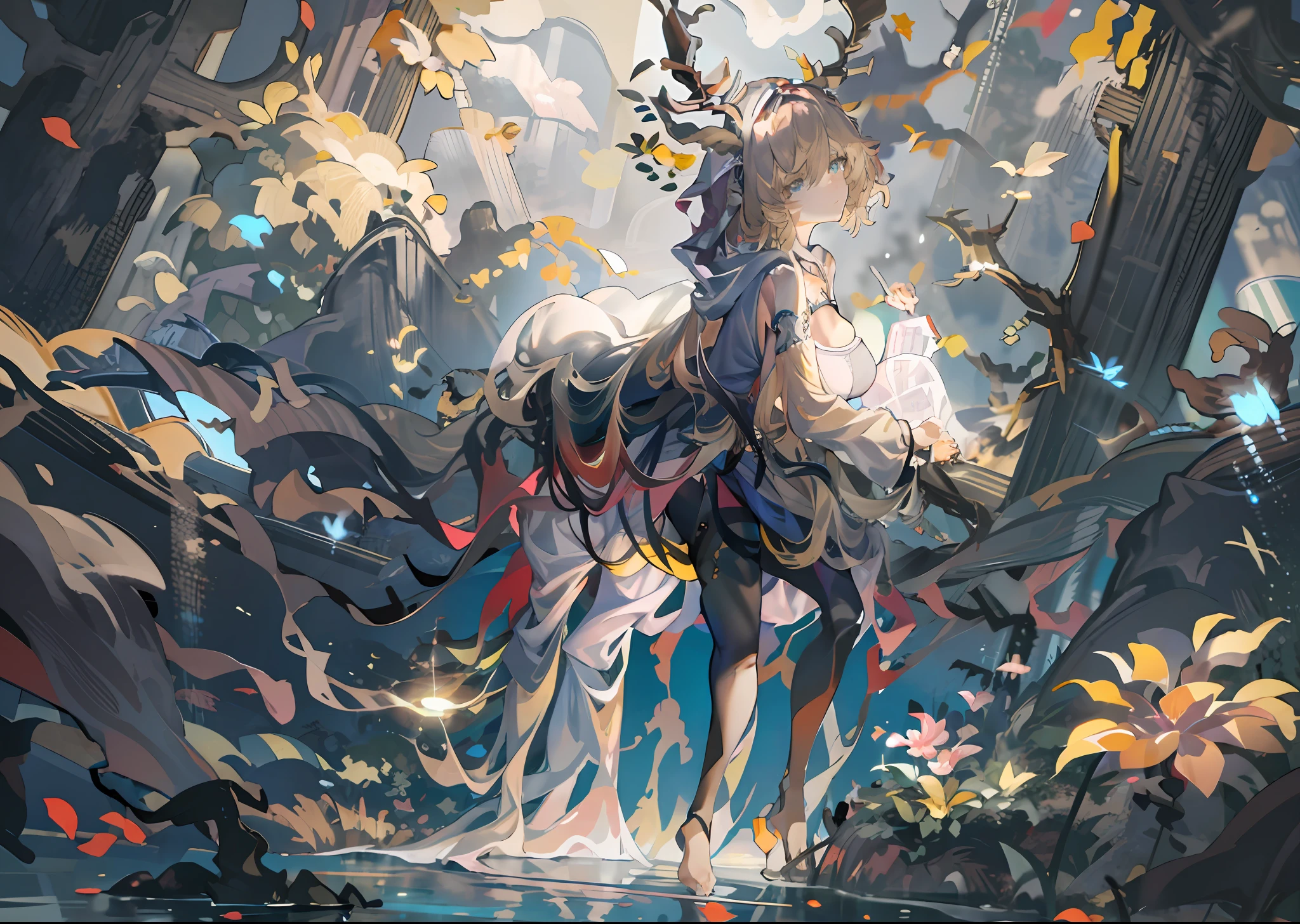 anime big breast，tmasterpiece，Best quality at best，（非常详细的 CG 统一 8k 壁纸），（Best quality at best），（The best illustrations），（The best shadow），glowing sprites，There is a glowing deer，Drink water in the pool，Natural elements in the forest theme。Mysterious forest，Beautiful forest，great outdoors，Surrounded by flowers，Delicate leaves and branches are surrounded by fireflies（nature elements），（Jungle theme），（foliage），（tree branch），（glowworm），（particle effect）and other 3D， Octane rendering，Ray traching，Super meticulous