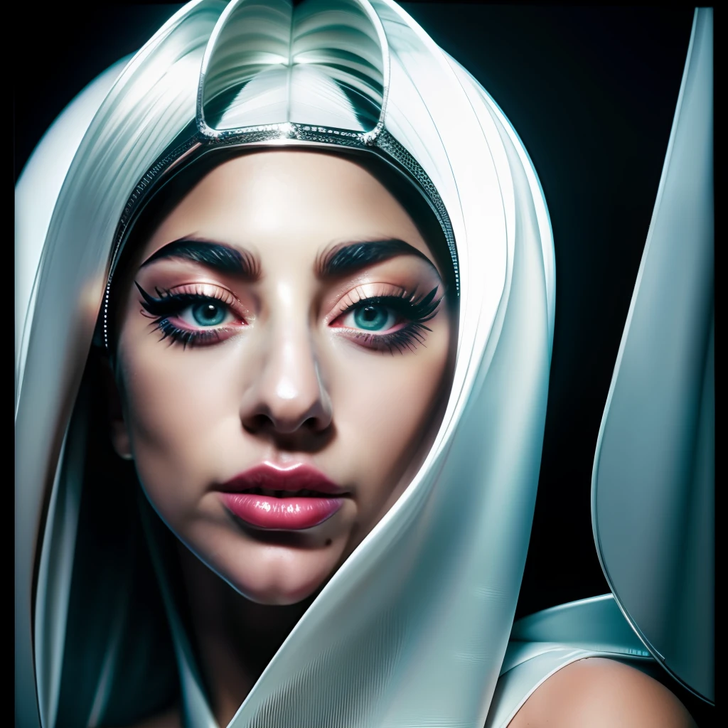 a Cine still photo of ((lady gaga)) , dense hair, detailed pupils and round iris, absolutely gorgeous, filmed by Alessio Albi, Fujifilm X-T30, 45-70mm, F40, dramatic composition, three-point lighting, balanced color schemes, magic realism, ultra-detailed, soft shadows, clean sharp focus, no contrast, film photography