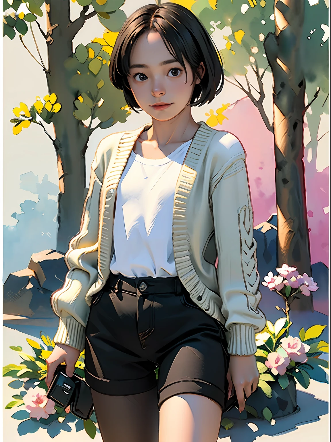 ​masterpiece, top-quality, Real Human Skin, pores, A detailed face, femboy, Stechu, (White background: 1.4), (full body Esbian), Original, (illustratio: 1.1),(top-quality),(​masterpiece:1.1),(Ultra detailed CG unified 8k wallpaper:1.1),(colourfull:0.9),(panoramic shot:1.4),(独奏:1.2),(Ink splash),(color splashes),((watercolor paiting)), Clear Sharp Focus,flowers background,outside of house,boulders, looking at the viewers、make happy expressions、Soft smile、 Yellow knitted cardigan、Red Pumps、Black Hot Pants、Pure and beautiful face and eyes、Black eyes、tiny chest、perspiring、Wet with sweat、tomgirl、