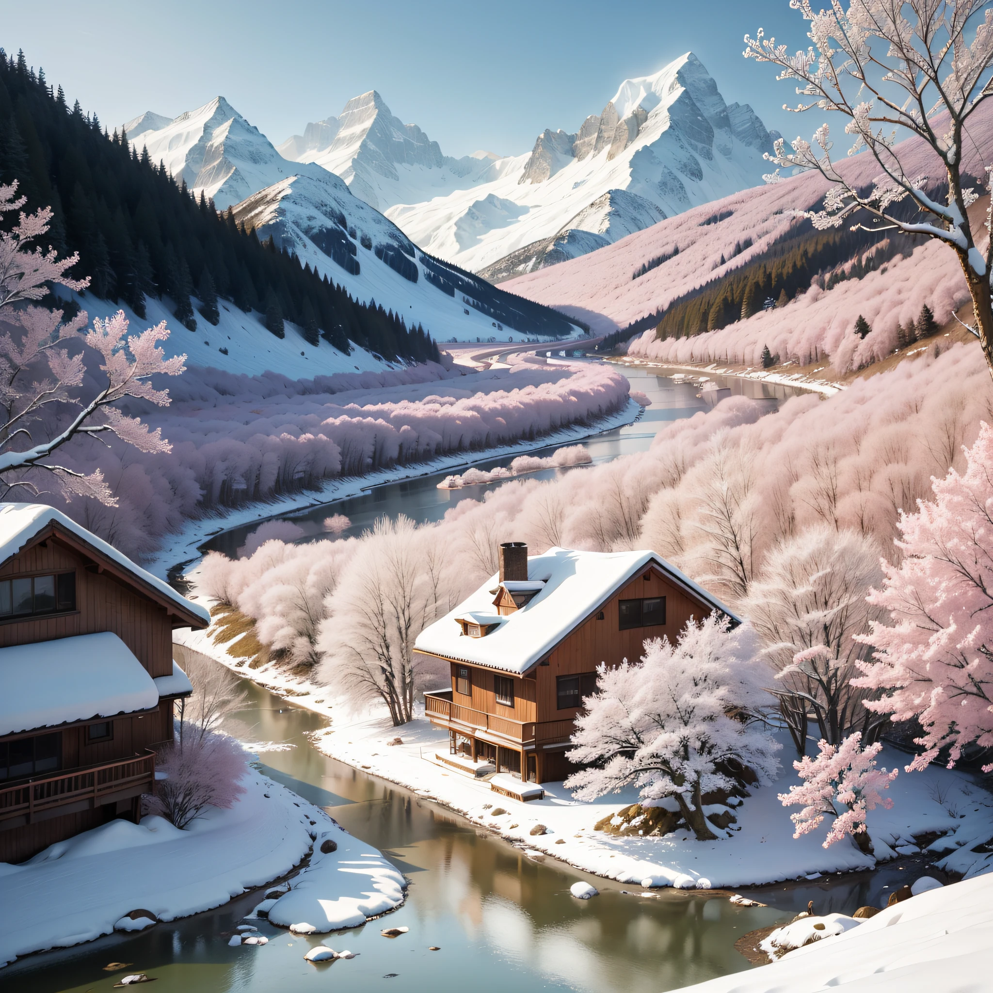 snowfield,Sloping river,house,Heavy snowfall,Pink cherry blossom tree,mountain in the distance
