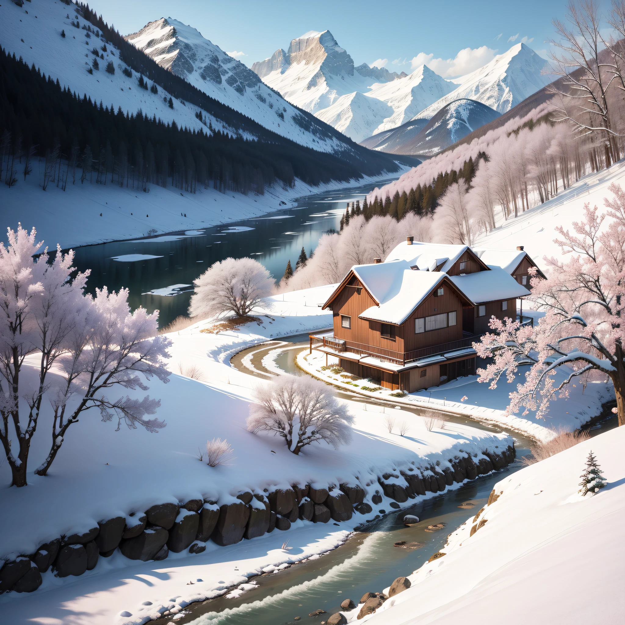 snowfield,Sloping river,house,Heavy snowfall,Pink cherry blossom tree,mountain in the distance