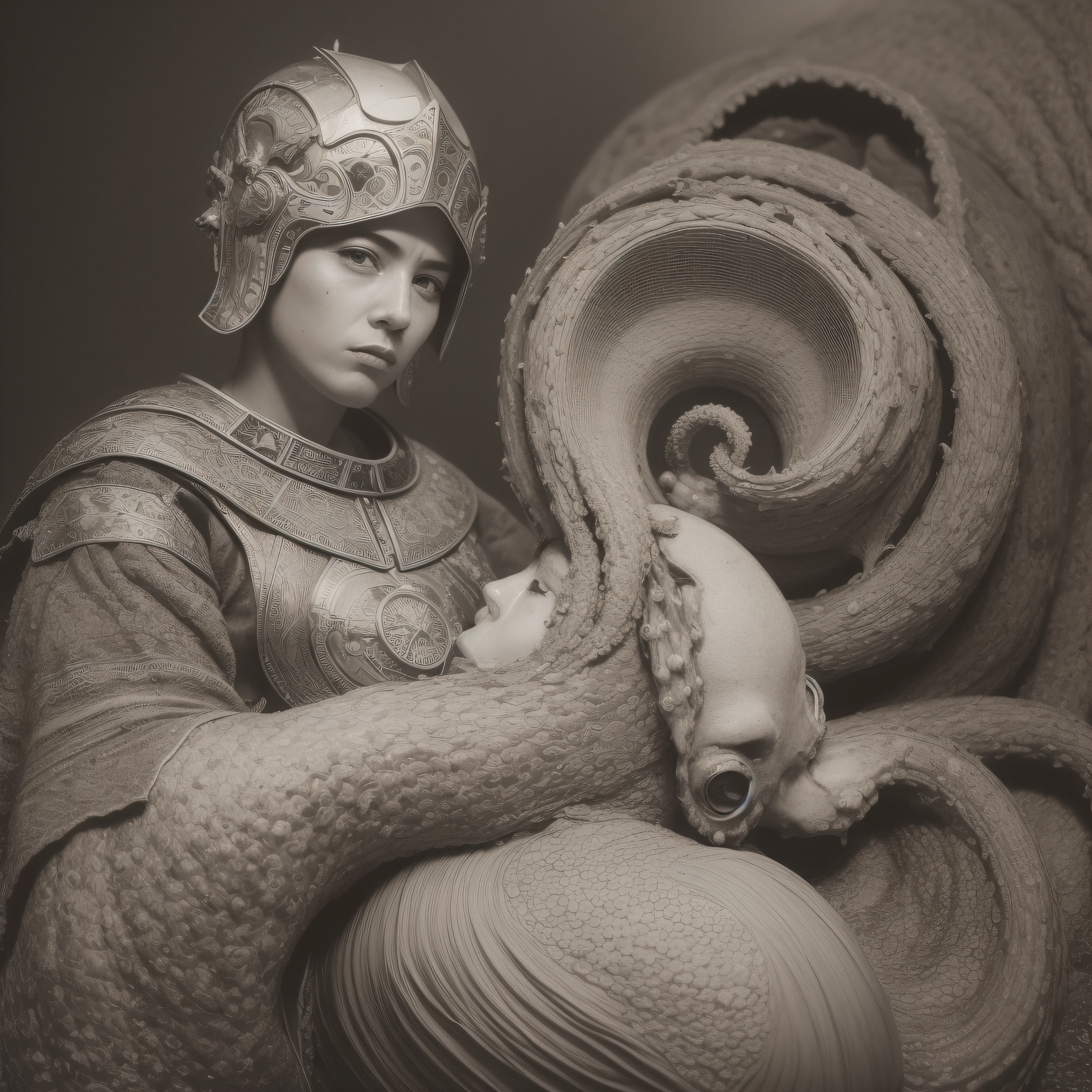 (extremadamente detallado, obra maestra, La mejor calidad), Estilo oscuro, intense illumination. templario. armadura medieval, rostro con arrugas, lengua larga, tentacle, deforme, imagen submarina, pico de pulpo amenazante. manchas de tinta. Rococo composition. Luz de caravaggio