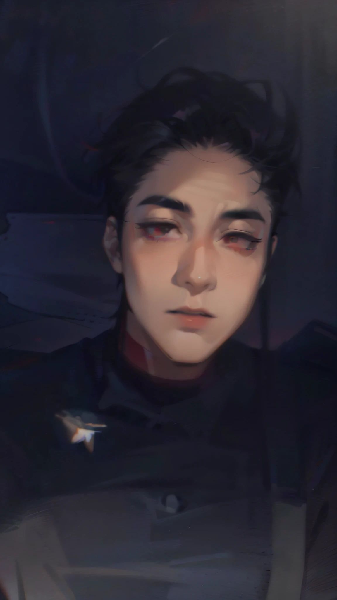1boy, (close-up face, Masterpiece, Best quality:1.2), 8K, offcial art, absurderes, Gothic, studded black leather jacket and choker, pierced earrings, (smokey red eye shadow with glitter, glazed pinkish red lips:1.1), (Very dark red background:1.4), hdr, facelight, Ultra photo realsisim, A high resolution, Photography, cleavage, filmgrain, color difference, Sharp focus, hdr, facelight, Dynamic lighting, Cinematic lighting, professional shadow, dark shadow, highest details, extreme detailed details, Ultra detailed, finedetail, Real skin, Delicate facial features, Detailed face and eyes, Sharp pupils, Realistic pupils, (Black hair:1.4)