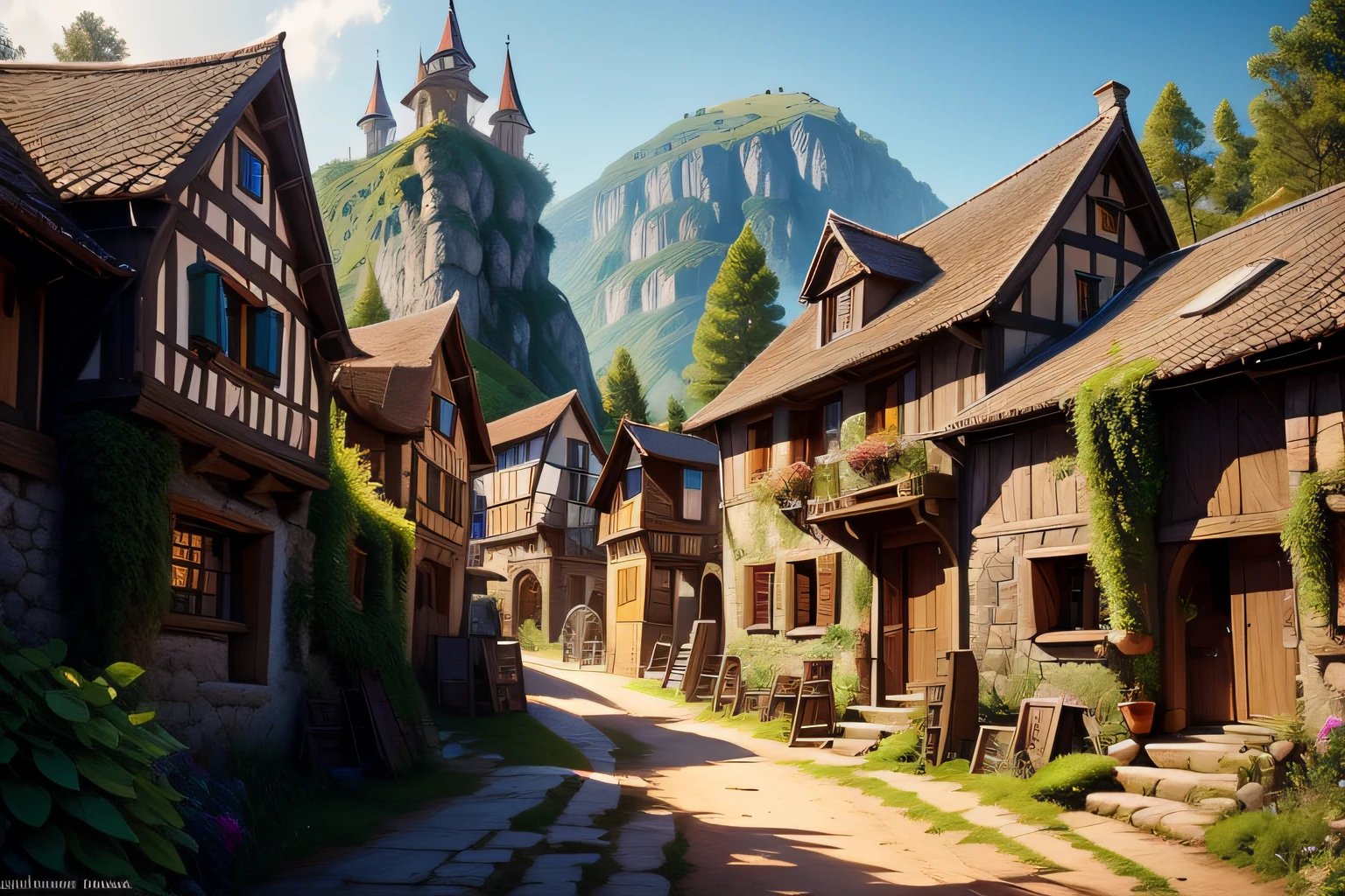 There is a small village with a lot of houses on the hill, vila medieval, Aldeia na Mata, Cidade da fantasia de Medeival, fantasy town setting, arte do jogo de fantasia medieval, cidade medieval, uma pequena vila medieval, vila pitoresca, paisagem medieval da cidade, cidade medieval, realistic fantasy rendering, Aldeias ， Motor irreal, Fenda, arte conceitual medieval, Cidade da Fantasia
