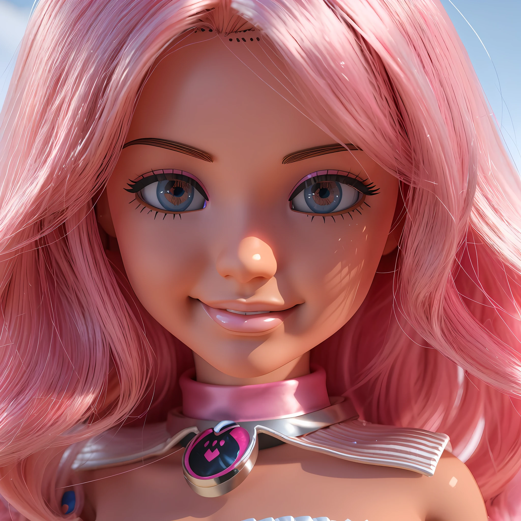 boneca barbie com cabelo rosa e olhos azuis usando um colarinho rosa, linhas precisas, [ olhos perfeitos ], Barbie Ciborgue, render de uma menina anime 3d bonito, boneca barbie anime, Personagem de close up, photorealistic anime girl rendering, Anime estilo 3D, menina ciborgue bonito, 3 d render arte do caractere 8 k, 3 d render stylized, Retrato da boneca Barbie, 3d menina anime, pink iconic character