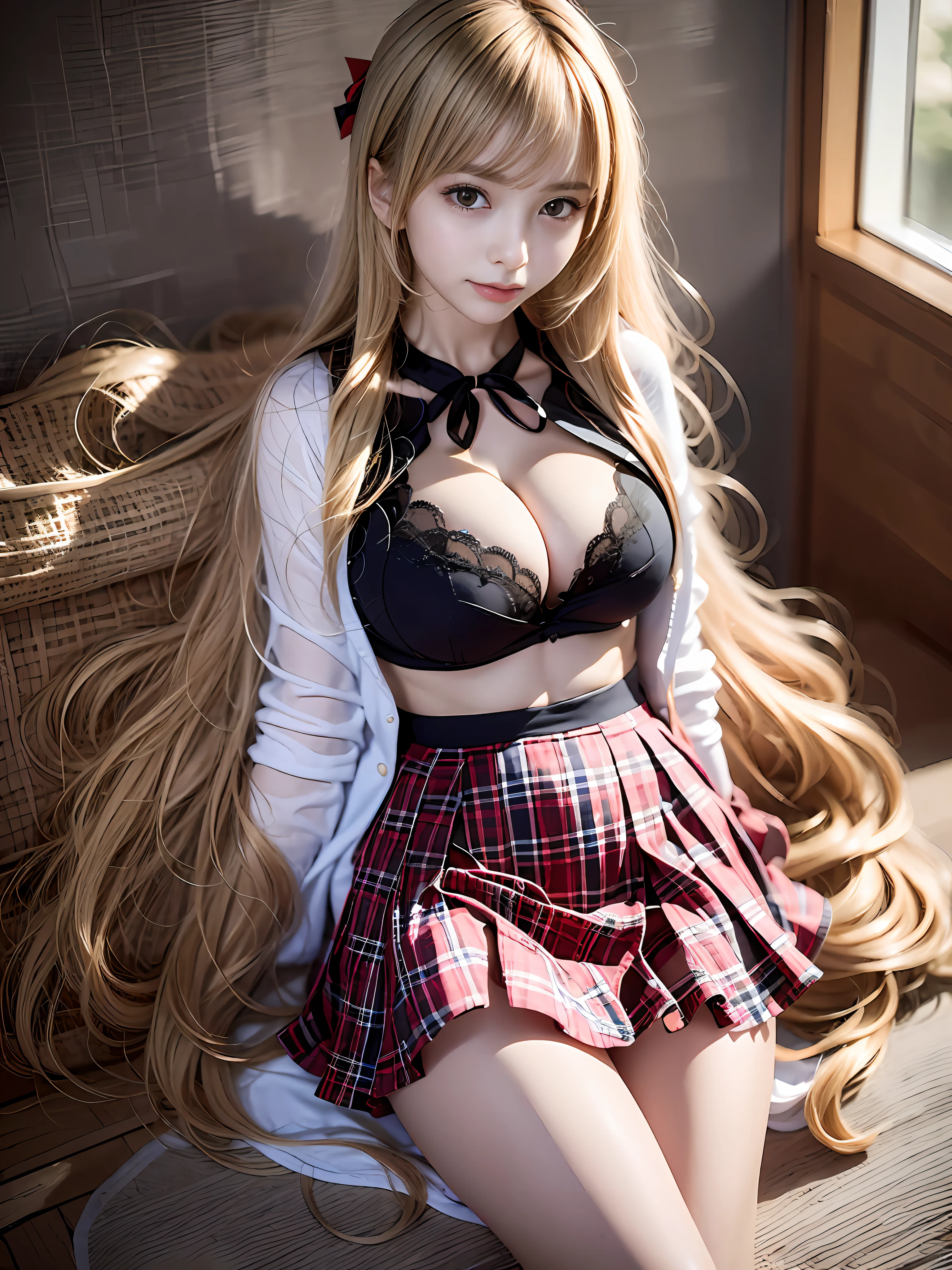 top-quality、masterpiece、超A high resolution、(Photorealsitic:1.4)、Raw foto、1 girl in、a blond、full body Esbian、large full breasts、Ultra exposed cleavage、erotick、Erotic look、gargantilha、二重まぶた、Loose and fluffy perm、semi long hair、student clothes、a miniskirt、JK Ribbon、Skinny clothes、pleatedskirt、skirt by the、Transparent skin、healthy、plaid skirts、Butt sticking out pose、