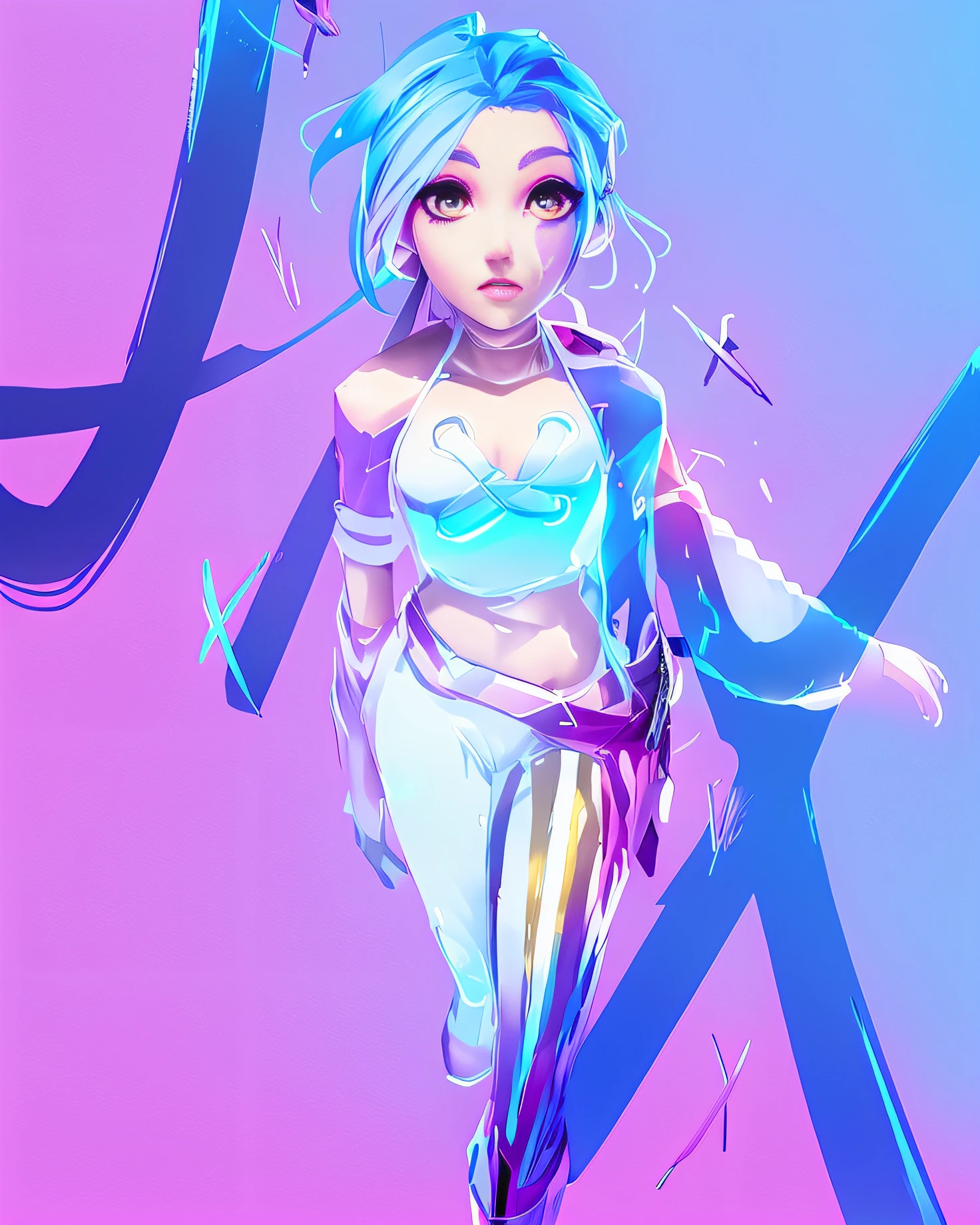 a cartoon girl with blue hair and a pink outfit, portrait of jinx from arcane, jinx from arcane, jinx from league of legends, rossdraws cartoon vibrant, rossdraws 1. 0, arcane jinx, rossdraws 2. 0, akali, lois van baarle and rossdraws, rossdraws digital painting, jinx expression, cyberpunk art style