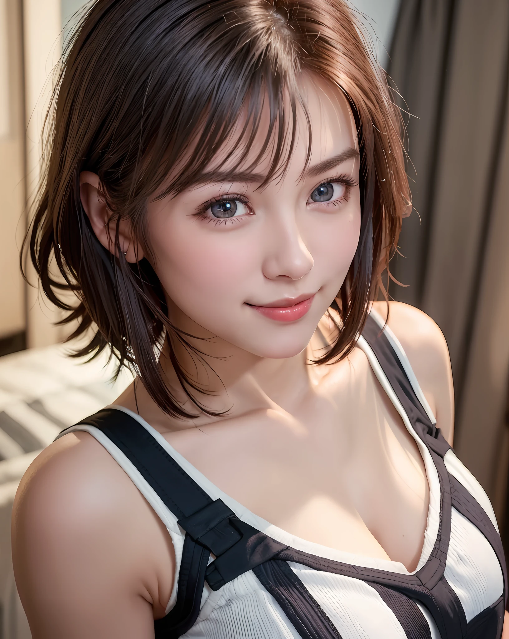 Best Quality, Ultra High Resolution, (Photorealistic: 1.4), Beautiful Eyes, Super Beautiful, Very Short Hair, Beautiful, Sweetheart, T-shirt with Rough Chest, Beautiful Soldier, Eyes That Invite Viewer, Lover's Perspective, Inviting Expression, Sexy Smile, Perfect Style, Perfect Balance, Detailed Skin, Naughty Gaze, Chest Visible