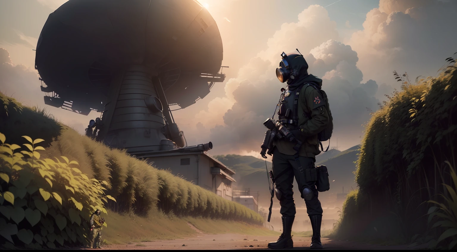 (4k ,ultra detailed:1.2),(anime:1),illustration,(photorealistic:1),
(solo:1.2),(standing),(full_body:1.2),
(simple background,:1.4),
(outdoor,landscape,battlefield,open field,daylight:1.2),mushroom cloud,
(gasmask,holster,distressed trench coat,cargo pants:1.2),
(supermodel:1.4),(wide_hips:1),
(black hair),
ww1ger,