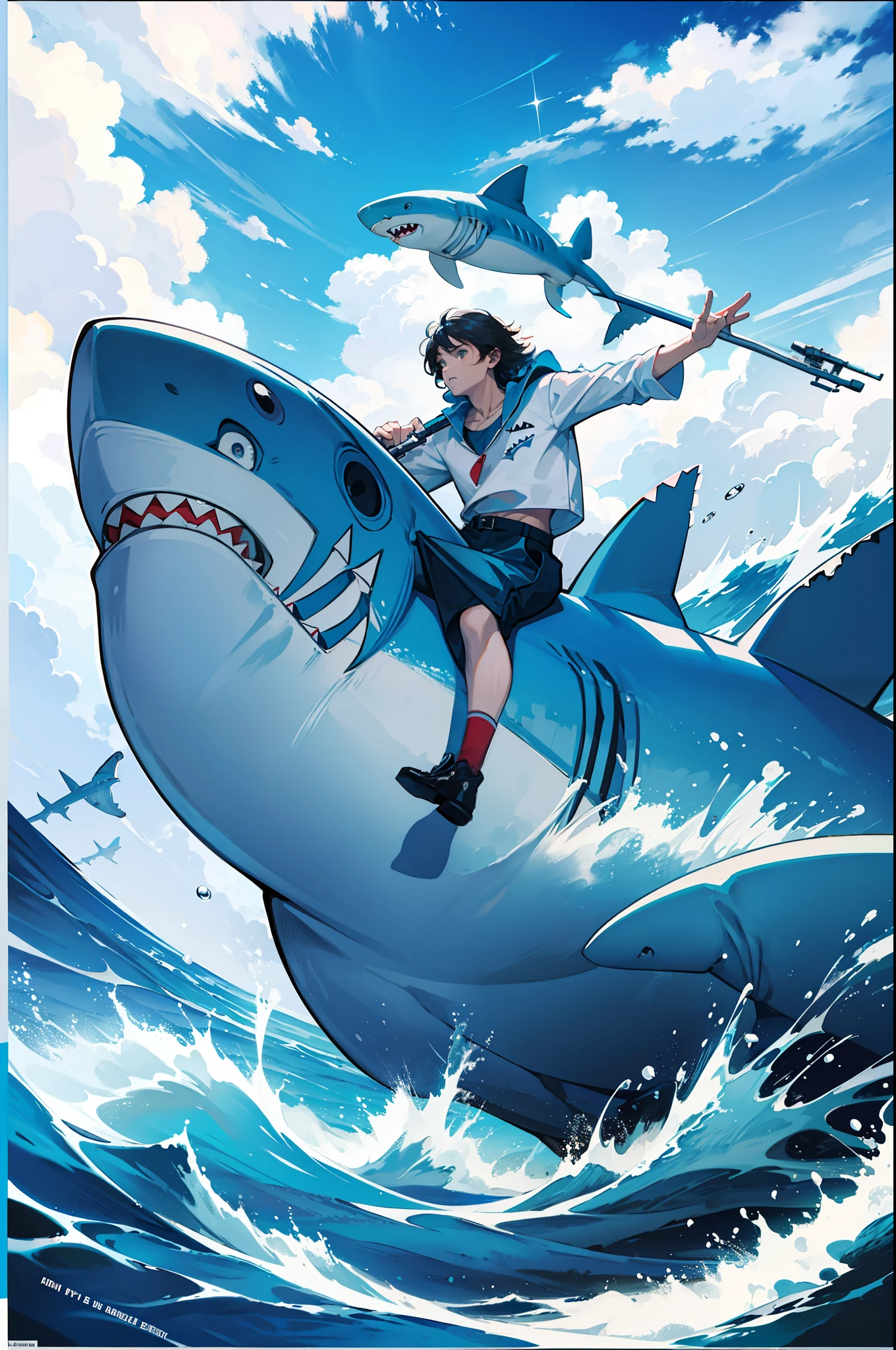 masterpiece, high quality,Shark poster, retro, 80s style poster , Blue tone