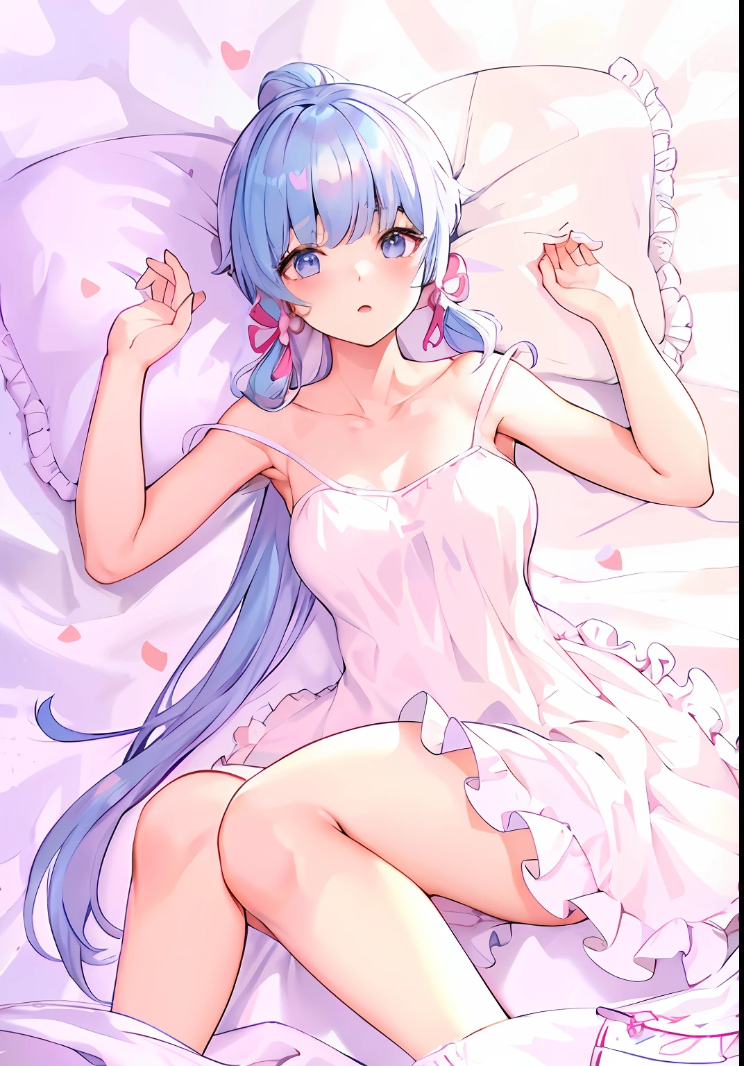 Anime girl lying on bed,Pink sheets and white sheets, in dress, cute anime waifu in a nice dress, seductive anime girls, Beautiful anime girl, pretty anime girl, Cute anime girl, anime moe art style, anime best girl, attractive anime girls, Anime girl, nightcore, (Anime girl), small curvaceous loliime visuals of cute girls Genshin Shinri Linghua