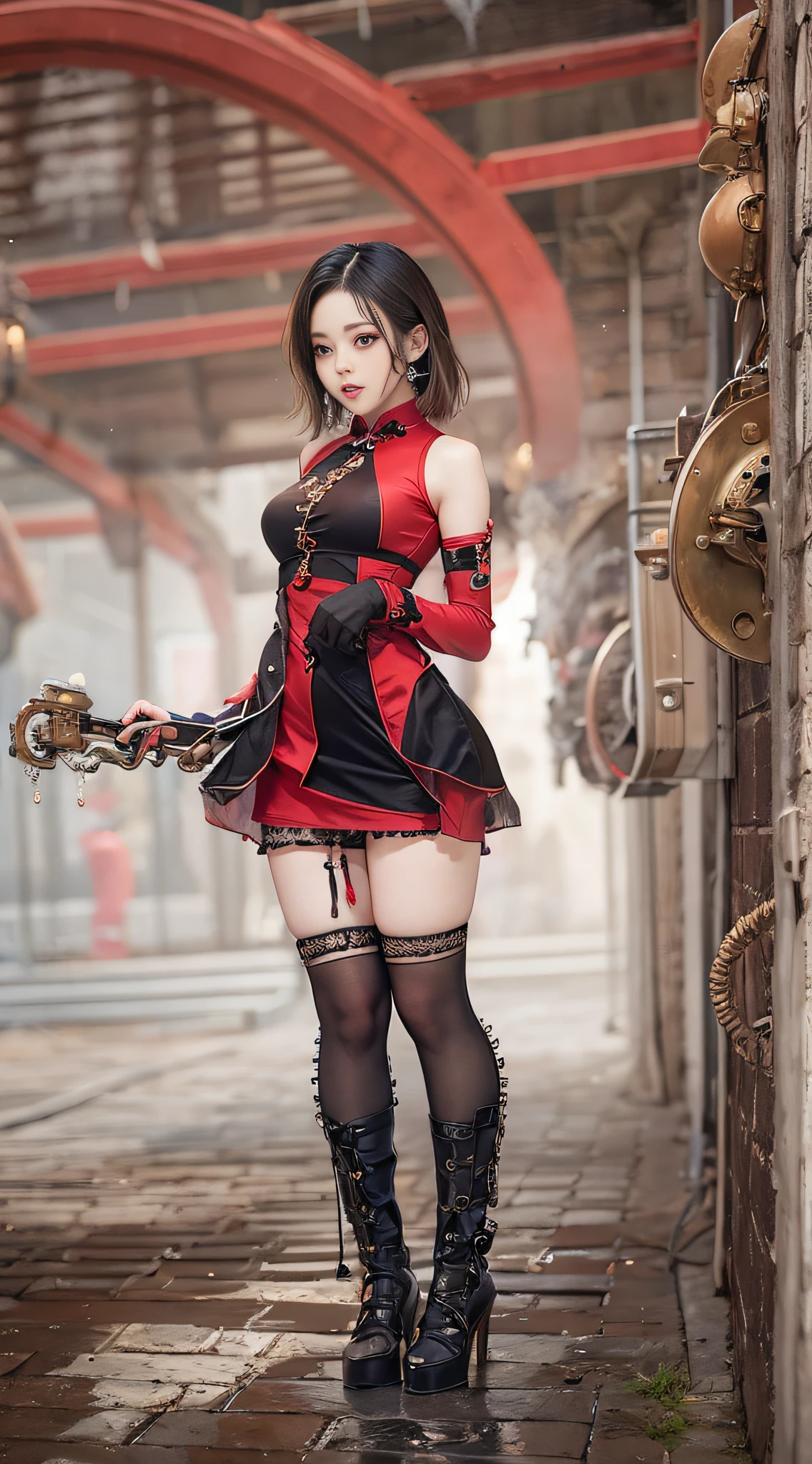 Sexy 21 year old cool Korean posing in red cheongsam and black garter, chinese clothes,, The beauty of steampunk anime, a steampunk beautiful goddess, Jeizuo, magnifica, viewer, Realistis, Full body camera view, Kneeling, Squatting, Bold, tall, Forced real water, See-through mini shirt with less white fabric, White see-through string, Less steampunk, Very detailed, Beautiful eyes of cosplay details, long eyelashes, Nice double eyelids, eye shadow, Narrow eyes, Three white eyes, Dark Eye Makeup, Evil smile, Thin, Beautiful legs, Tie short hair back, Bad face, Rolling eyes, Blushing, water running in mouth, Sticky tongue, Vaginal orchid, Vaginal discharge, Squirting, (((Very small breasts))), Grasp your breasts with both hands, Spread legs, sexual excitement, Sex Expressions, Bare skin