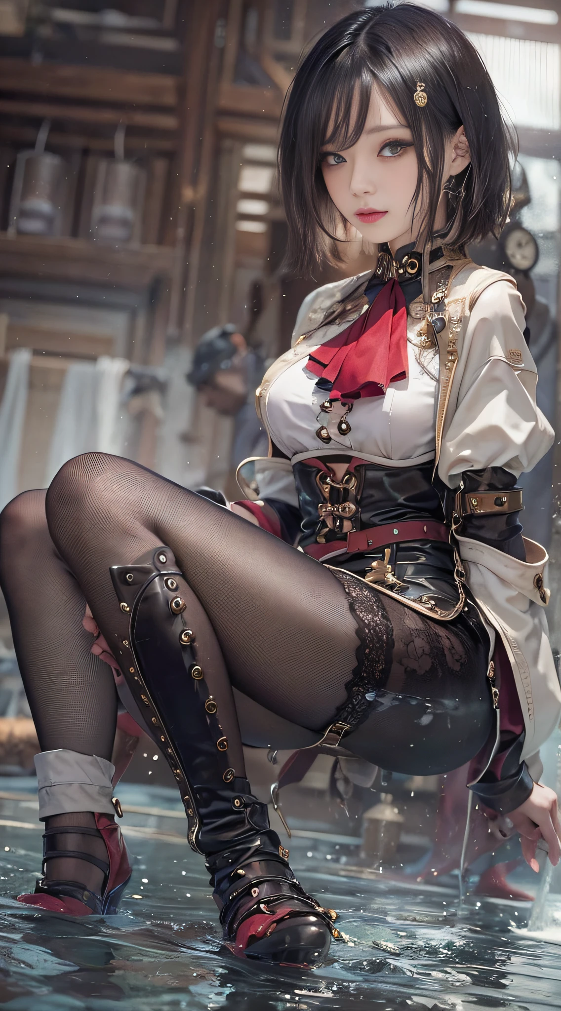 Sexy 21 year old cool Korean posing in red cheongsam and black garter, chinese clothes,, The beauty of steampunk anime, a steampunk beautiful goddess, Jeizuo, magnifica, viewer, Realistis, Full body camera view, Kneeling, Squatting, Bold, tall, Forced real water, See-through mini shirt with less white fabric, White see-through string, Less steampunk, Very detailed, Beautiful eyes of cosplay details, long eyelashes, Nice double eyelids, eye shadow, Narrow eyes, Three white eyes, Dark Eye Makeup, Evil smile, Thin, Beautiful legs, Tie short hair back, Bad face, Rolling eyes, Blushing, water running in mouth, Sticky tongue, Vaginal orchid, Vaginal discharge, Squirting, (((Very small breasts))), Grasp your breasts with both hands, Spread legs, sexual excitement, Sex Expressions, Bare skin