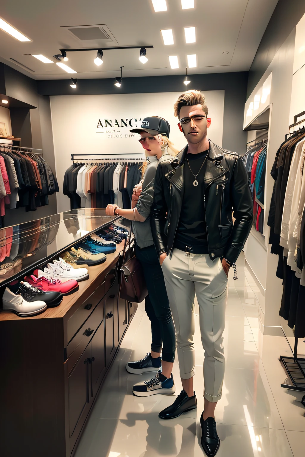 A movement,rcasual,Fashionab,Rendering of a pop-up shop with personalized men's and women's clothing,Brand name ANGELAER,Men's and women's clothing is on display,footwear,pocket,Display models,The style is rich and colorful