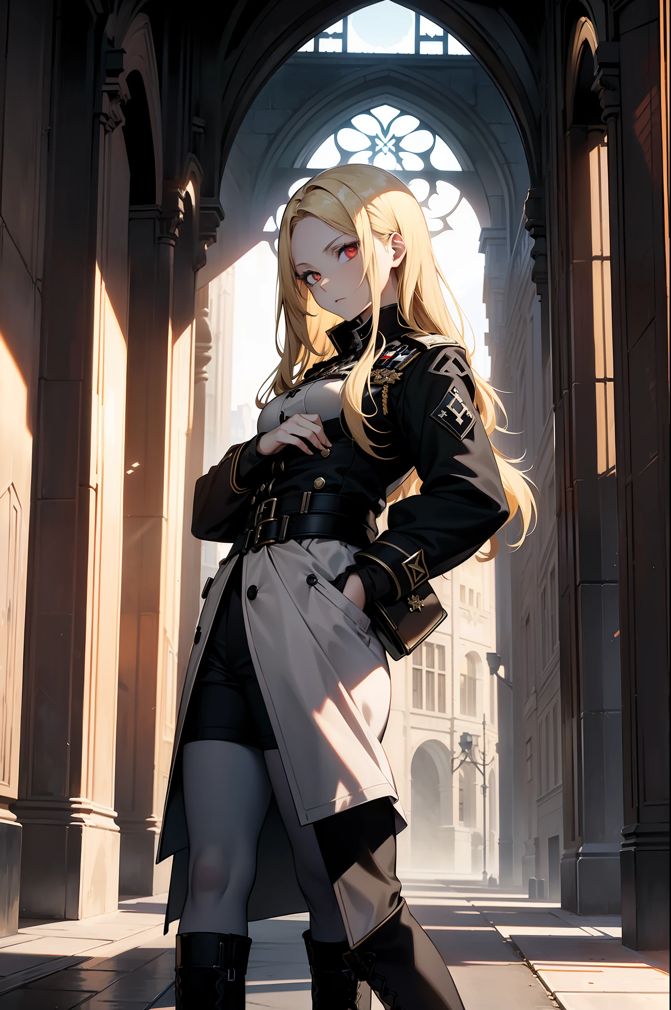 masterpiece, (bestquality), highlydetailed, ultra-detailed, (pale skin), (red eyes: 0.8), (blonde hair), expressionless, (military uniform), (long sleeves), (black boots), (iron cross), (baroque architecture streets), intense shadows