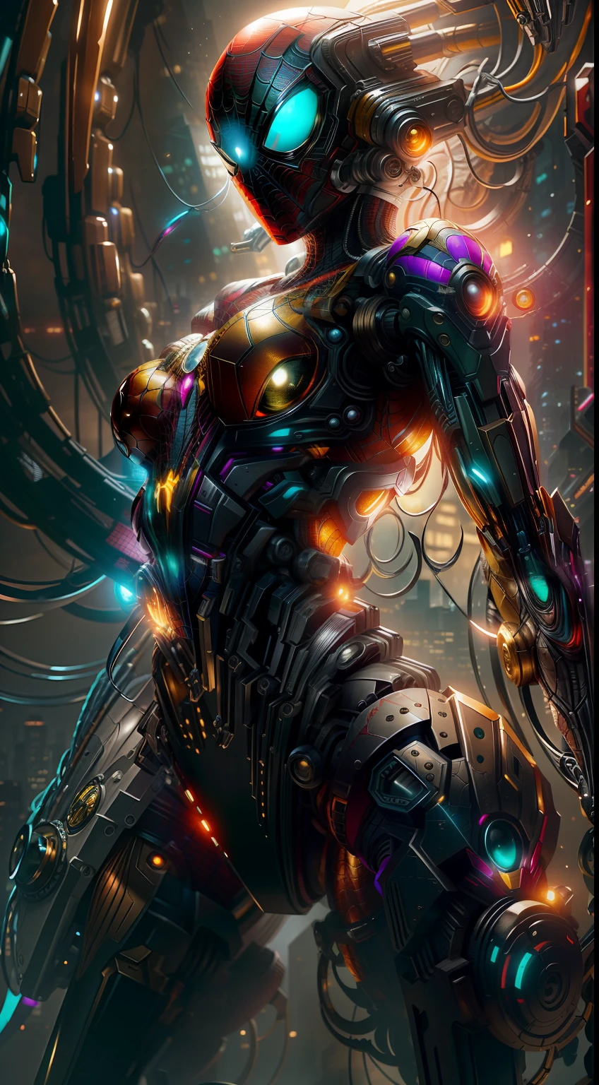 Spidergirl from Marvel photography, biomechanics, complex robots, gold spiderman logo, full growth, hyper-realistic, crazy little details, incredibly clean lines, cyberpunk aesthetic, masterpiece featured on Zbrush Central
