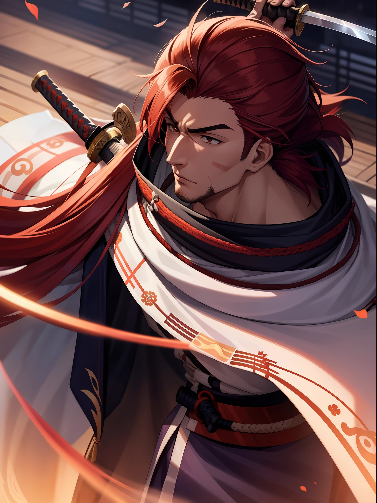 kenshin samurai x, is a tall handsome man, with long red hair tied, with dark brown eyes, with an x-shaped scar, with a white yukata, with a dark blue blanket, with a katana in the scabbard with a cinematic background of a feudal city with red tones