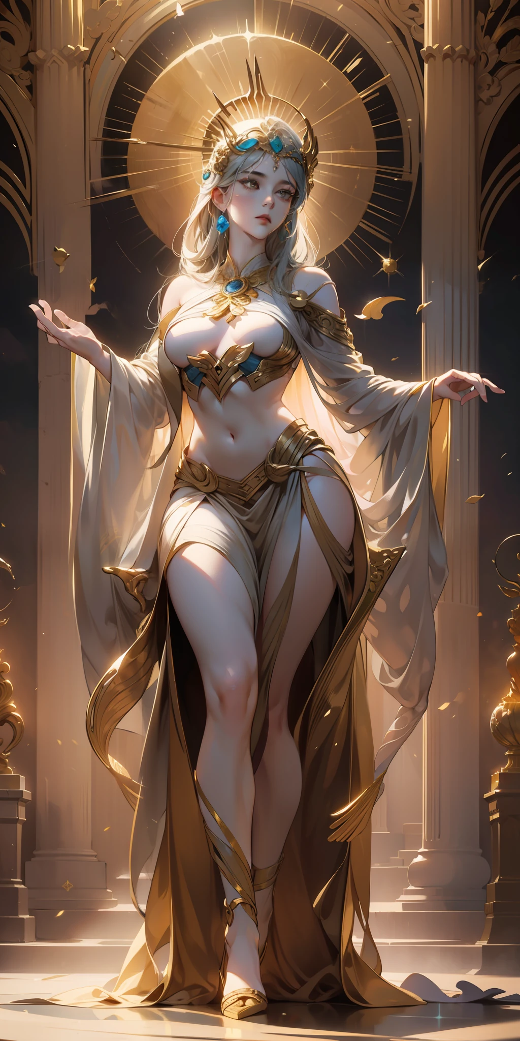 Moon goddess statue, full body figure, contemptuous gaze, detailed face, (naked: 1.4), gold decoration, gorgeous background, high contrast, masterpiece, best quality, best quality, cinematic lighting, photoreal