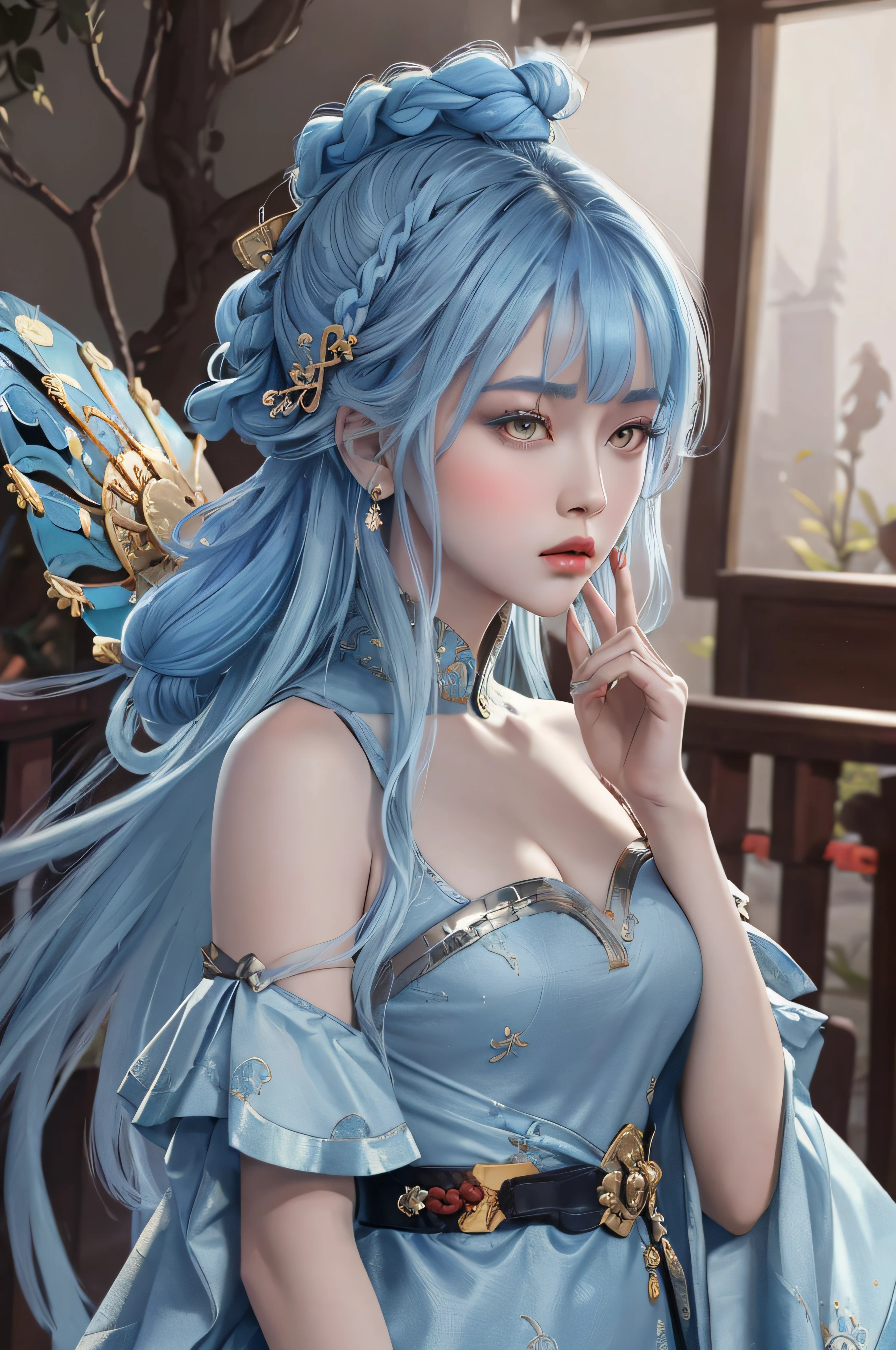 ((beautiful face)), extremely delicate facial,(best quality),(extremely detailed cg 8k wallpaper), masterpiece, an extremely del-0000((big breasts)), 1girl, solo, long hair, looking at viewer, hair ornament, dress, holding, bare shoulders, closed mouth, blue hair, yellow eyes, braid, artist name, covered navel, blue dress, chinese clothes, china dress, hand fan, folding fan, light blue hair, holding fan, Jordyn Huitema, (masterpiece,best quality:1.5), (masterpiece,best quality:1.5), Hold the fan with the right hand, the left hand does not hold the fan, Chinese imperial palace, feudal China, wooden castle, lake, (lantern), sparkling, (masterpiece,best quality:1.5), (masterpiece,best quality:1.5)