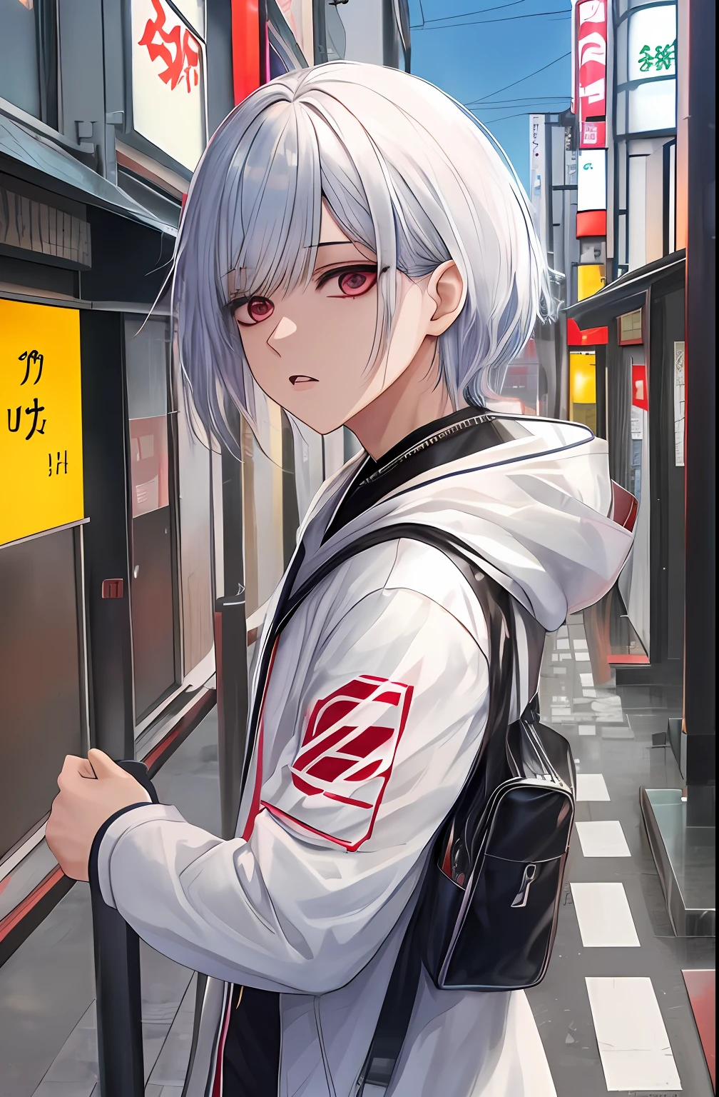 kk, melhor qualidade, mais detalhes, obra-prima, 1boy, kaneki ken, retrato, foco masculino, olhos vermelhos, solo, franja, olhando para o espectador, capuz, espada, cabelo curto, chuva, tokyo tokyo \(cidade\), capuz, nail polish, cabelo branco, luxuoso, 8k, detalhado, ray tracing, profundidade de campo, cinematic lighthing,