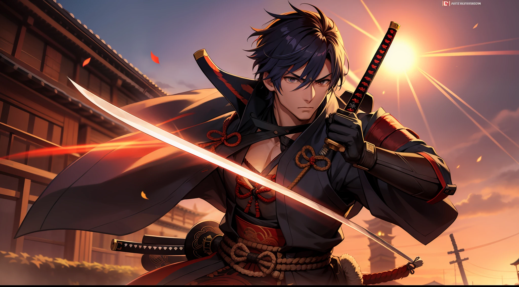 Kenshin Samurai X, He is a tall, handsome man, com longos cabelos ruivos amarrados, COM OLHOS CASTANHOS ESCUROS, com uma cicatriz em forma de X, com um yukata branco, com um cobertor azul escuro, with a katana in the sheath with a cinematic background of a feudal city with red tones