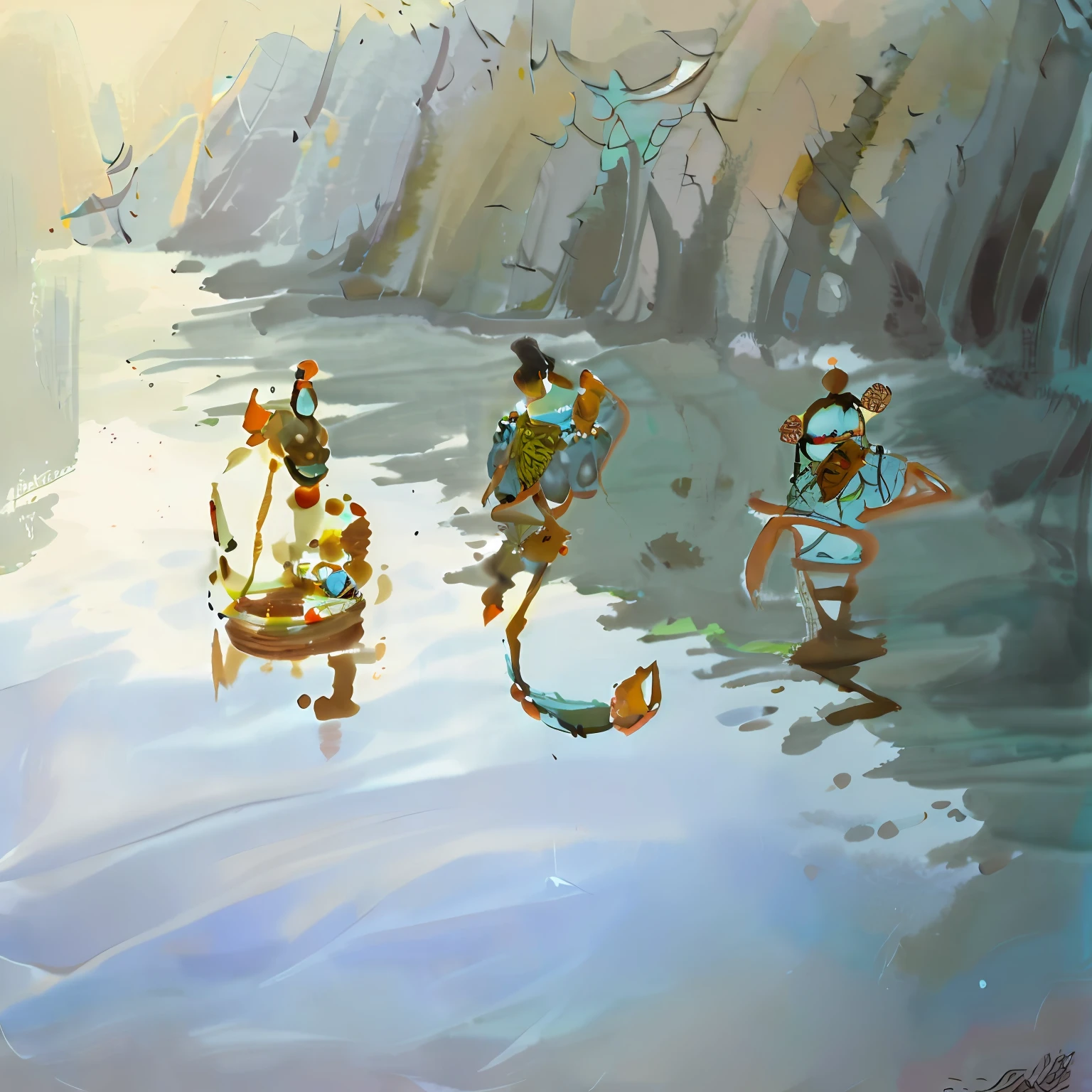 Draw three figures on a raft in the water
