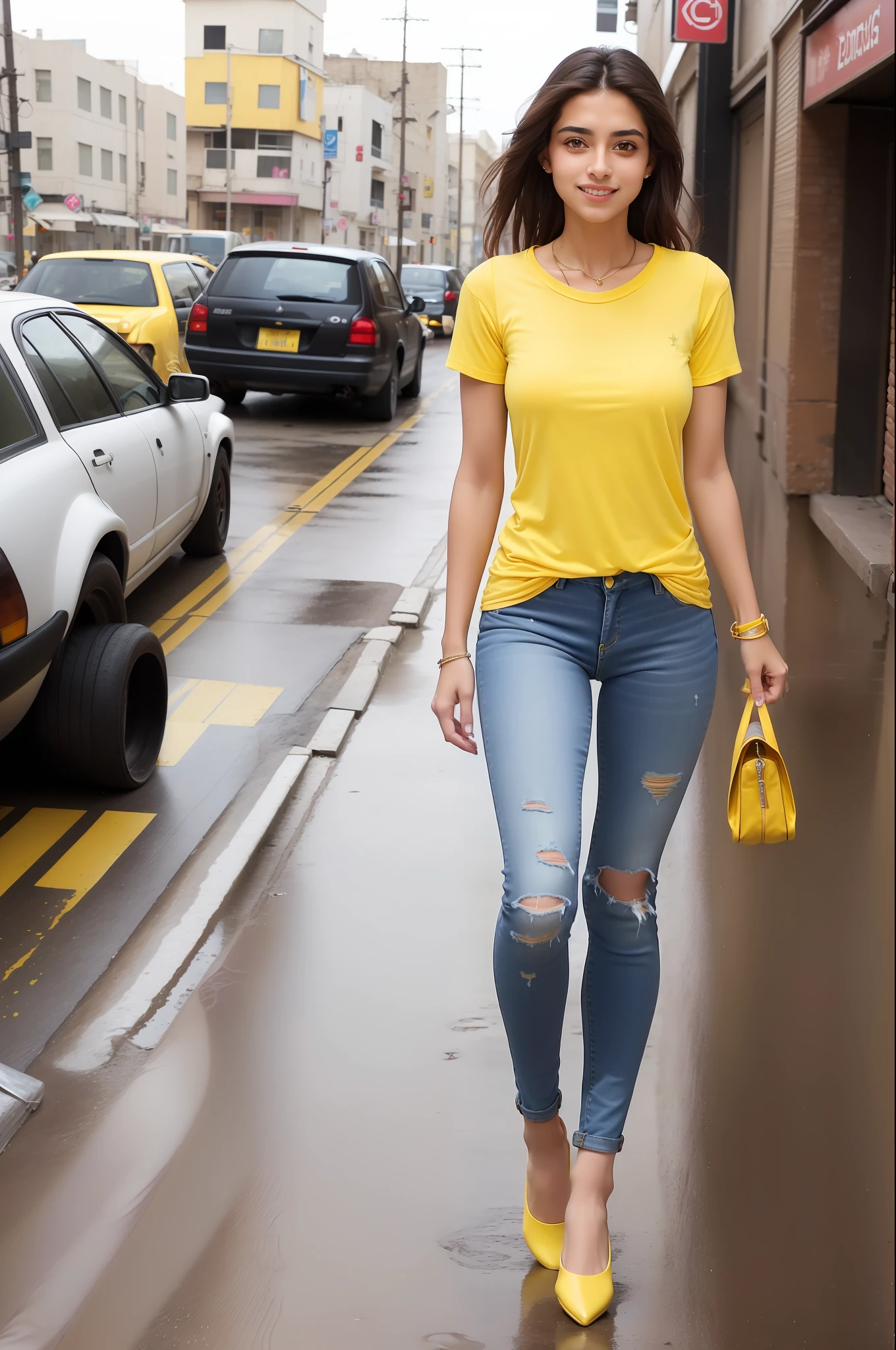 (solo middle eastern 25 years old girl), wearing a (Yellow baggy plain tee-shirt, long length yellow tee-shirt, skinny damage long jeans, :1.5), walking cross legs, straight-on,seductive smile,long dark short hair,(full body:1.1), (cyberpunk background:1.2), outdoors,
(rain:1.1, wet street) ,(medium breasts,  bouncing breasts, no bra), basic Pink long length tee-shirt, short sleeves tee-shirt, wristwatch, very charming arabian girl, ankle fit damage tight jeans, jewelry, detailed very beautiful feet's, long heel's, full body shot.