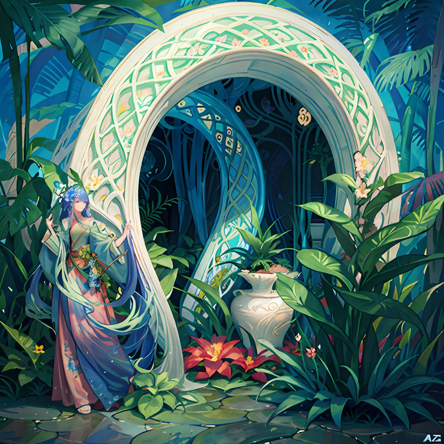 there are many different types of flowers in a display, art nouveau jungle environment, intricate alien botanicals, surreal waiizi flowers, fantasy magical vegetation, intricate plants, art nouveau octane render, botanical fractal structures, very surreal garden, art nouveau 3d curves and swirls, beautiful composition 3 - d 4 k, exotic alien flora, fractal vines