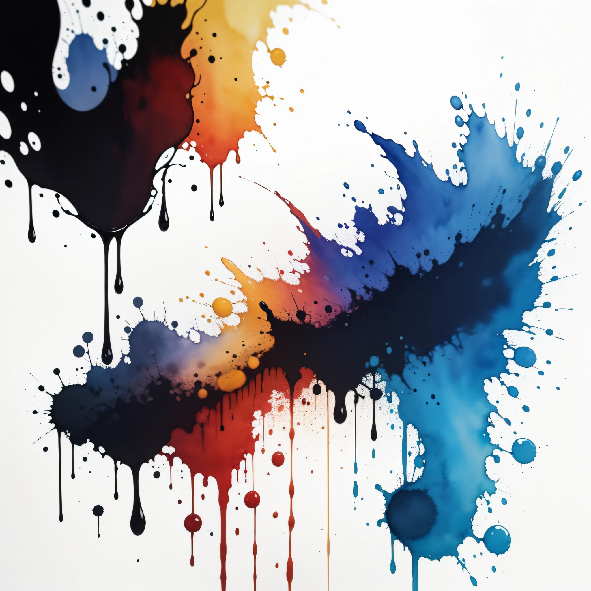 (best quality, watercolor painting, Colorful, sharp focus), colors, Action Painting, (splatter and drip art minimalism:1.1), canvas white background, studio, style