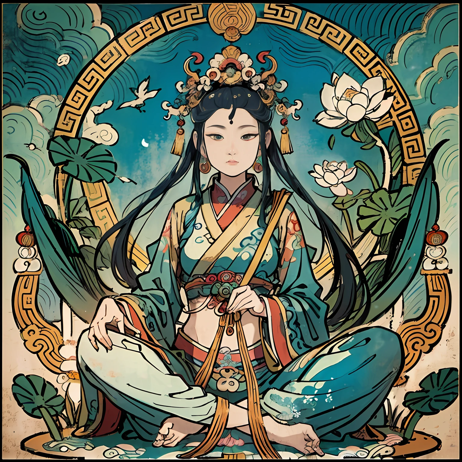 an ancient Chinese goddess, guanyin of the southern seas, Guanyin, Inspired by India, Avalokiteshvara rides a dragon,Serene expression,shui mo hua,Buddha,Buddhist,Lotus,Chinese painting style,Thangka style