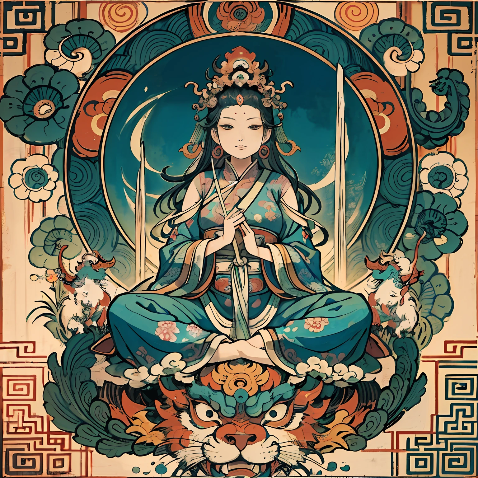 an ancient Chinese goddess, guanyin of the southern seas, Guanyin, Inspired by India, Avalokiteshvara rides a dragon,Serene expression,shui mo hua,Buddha,Buddhist,Lotus,Chinese painting style,Thangka style
