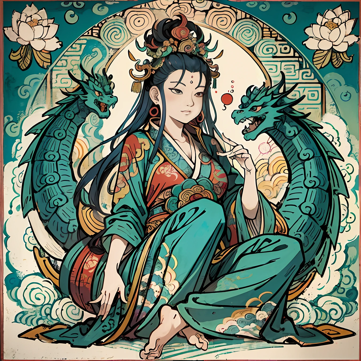 an ancient Chinese goddess, guanyin of the southern seas, Guanyin, Inspired by India, Avalokiteshvara rides a dragon,Serene expression,shui mo hua,Buddha,Buddhist,Lotus,Chinese painting style,Thangka style